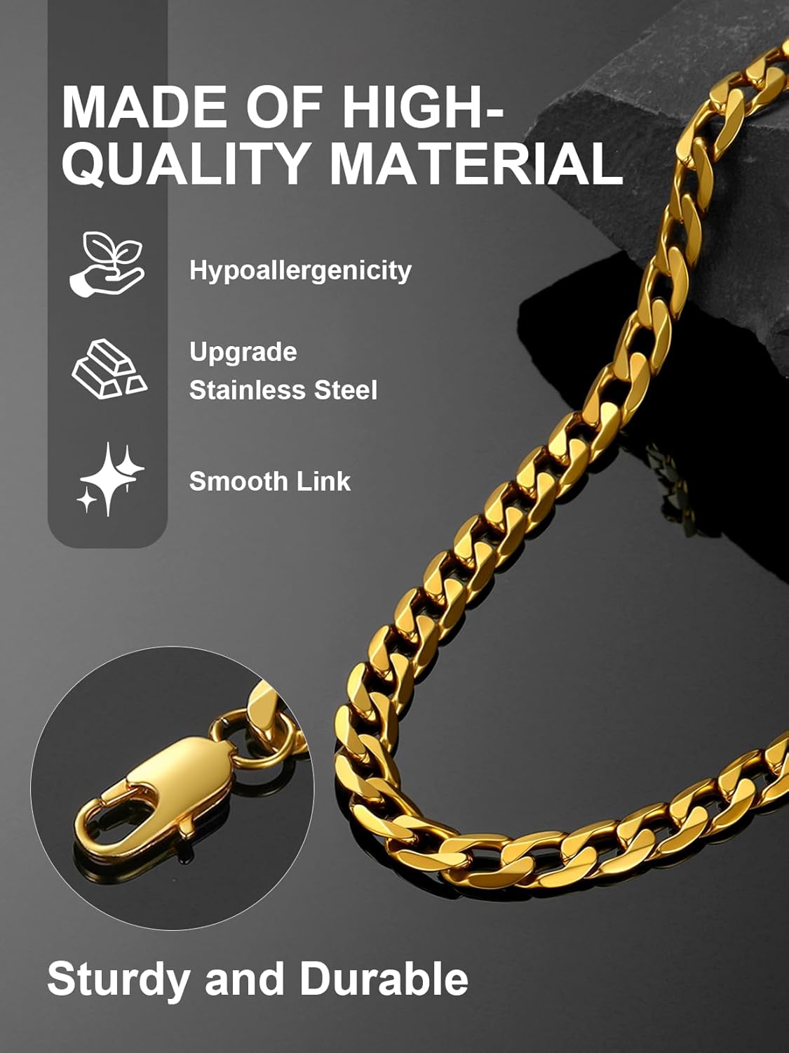 ChainsPro Cuban Chain Necklace for Men, Silver/Black/Gold Plated Stainless Steel Cuban Link Chains Mens 4/6/9/13 MM Width,14"-30" Length Hip Hop Accessories Jewelry Gifts for Father's Day Christmas