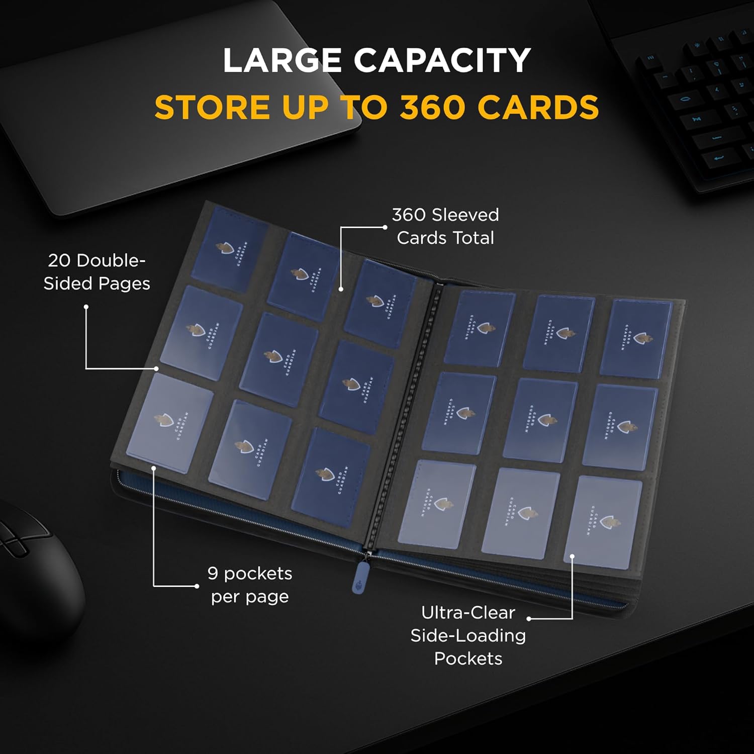 Card Guardian - 9 Pocket Premium Binder with Zipper for 360 Cards Trading Card Games TCG (Blue) Side Loaded Pockets Perfect for Yugioh Cards MTG Binder Sports Cards