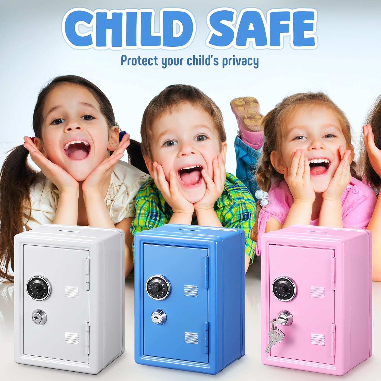 Zonon 3 Pcs Mini Safe Piggy Bank for Kids, Metal Locker Toy Safe Box for Boys Girls Money Cash Coin, Steel Money Saving Box with Lock 2 Keys Coin Tray 7. 1"x 4. 7"x 3. 9"(Blue, Pink, Ivory White)