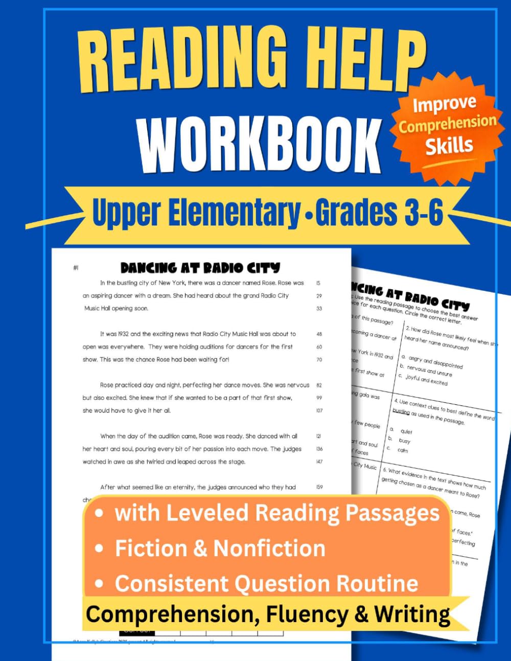 Reading Help Upper Elementary Workbook With Reading Passages Leveled Grades 3-6 Comprehension, Fluency & Writing: Fiction & Nonfiction, Consistent ... Skills (Reading Practice Workbooks)