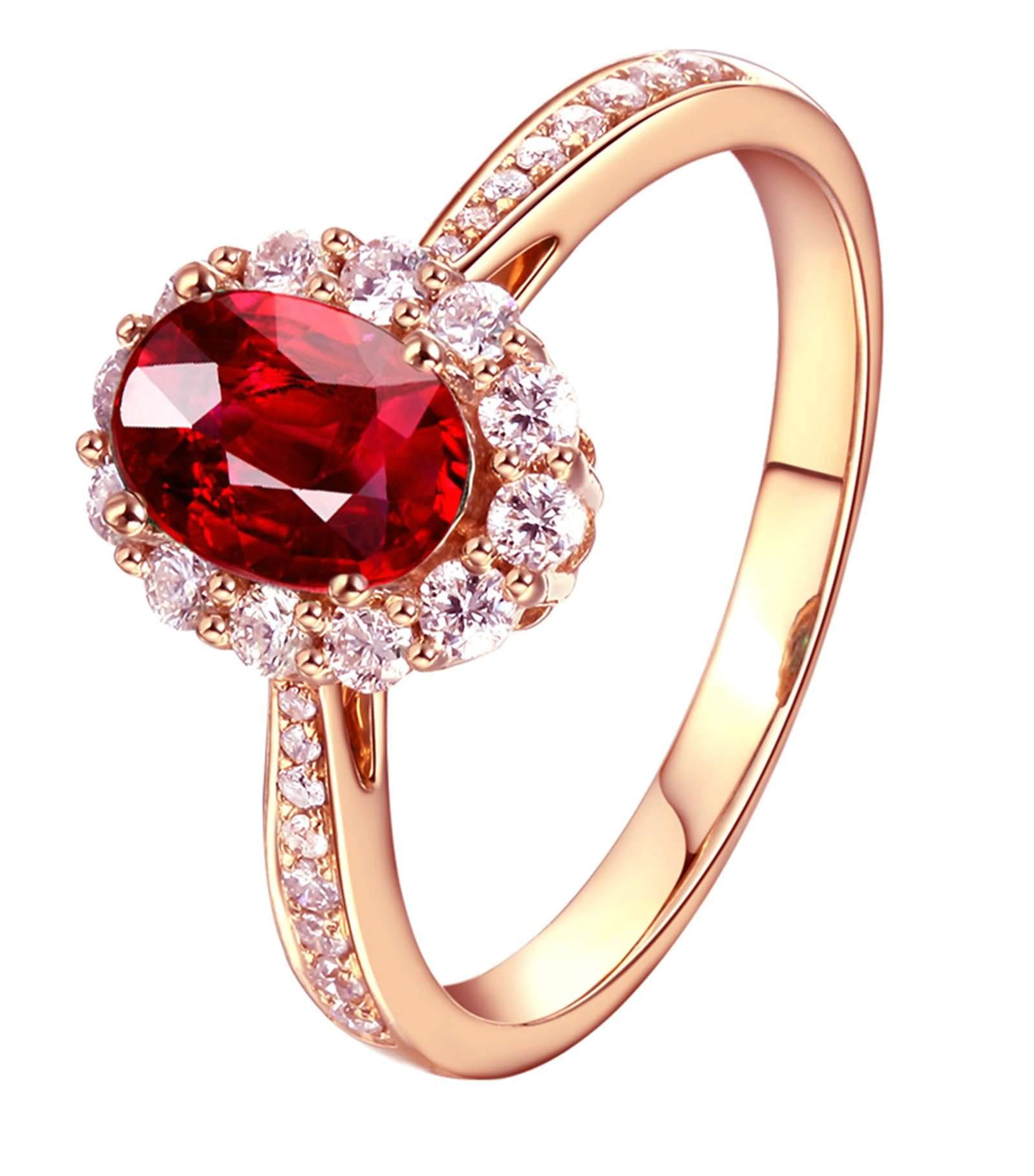 Beydodo Anillo de Compromiso Mujer de Oro Rosa 9 14 18 K con Oval con Rubí Creado y Moissanita, Anillos Oro Rosa de Compromiso Mujer