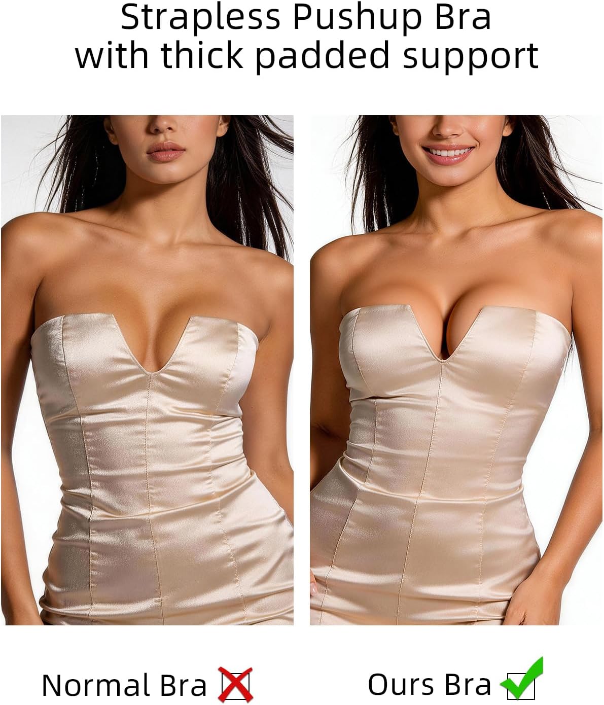 YANDW Strapless Push up Bra Clear Straps Plunge Covertible Lace Padded Add 2 Cups Low Cut Underwire Bras for Women