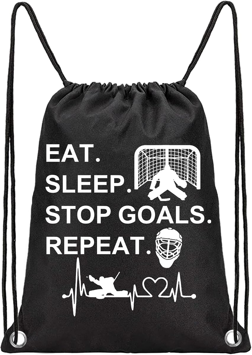 PXTIDY Hockey Drawstring Bag Goalie Gift Eat Sleep Stop Goals Repeat Drawstring Backpack Ice Hockey Field Player Gift