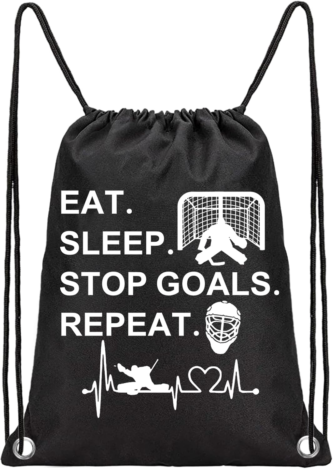 PXTIDY Hockey Bag Hockey Goalie Gift Eat Sleep Stop Goals Repeat Drawstring Backpack Hockey Sport Sackpack