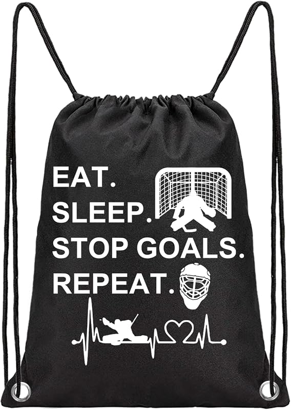 PXTIDY Hockey Drawstring Bag Goalie Gift Eat Sleep Stop Goals Repeat Drawstring Backpack Ice Hockey Field Player Gift
