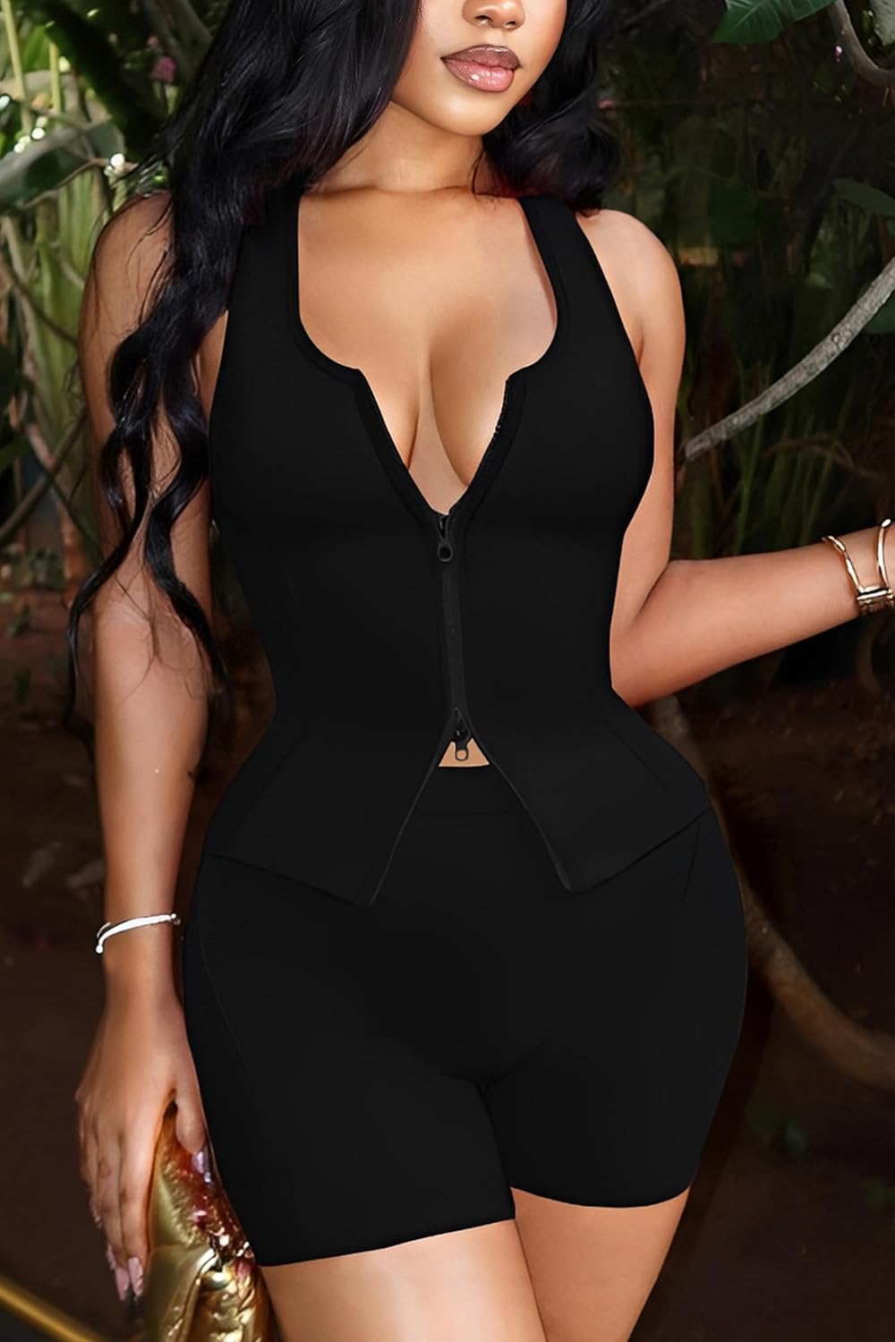 Ekaliy Women's 2 Piece Short Sets Sexy Two-Way Zipper Tank Top and High Waisted Shorts Outfits Bodycon Club Activewear Set - Image 3