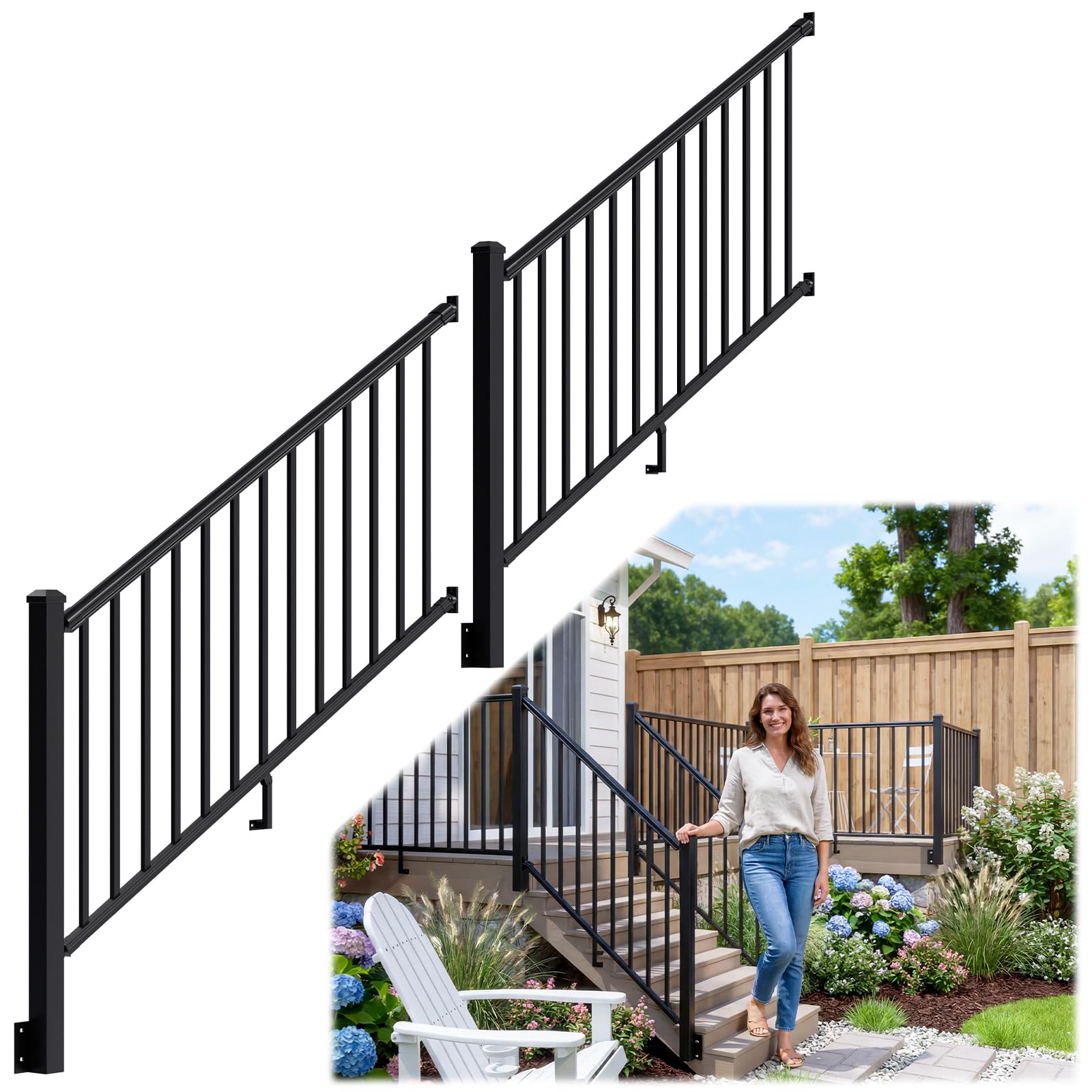 Photo 1 of Egadis 2 Pack 36 in. H x 6 ft. W Side Mount Aluminum Stair Railing Kit, Black Textured Powder-Coat Finish Fascia Mount Modular Rail System for Concrete Steps or Wooden Stairs(2 Post, 2 Panel)