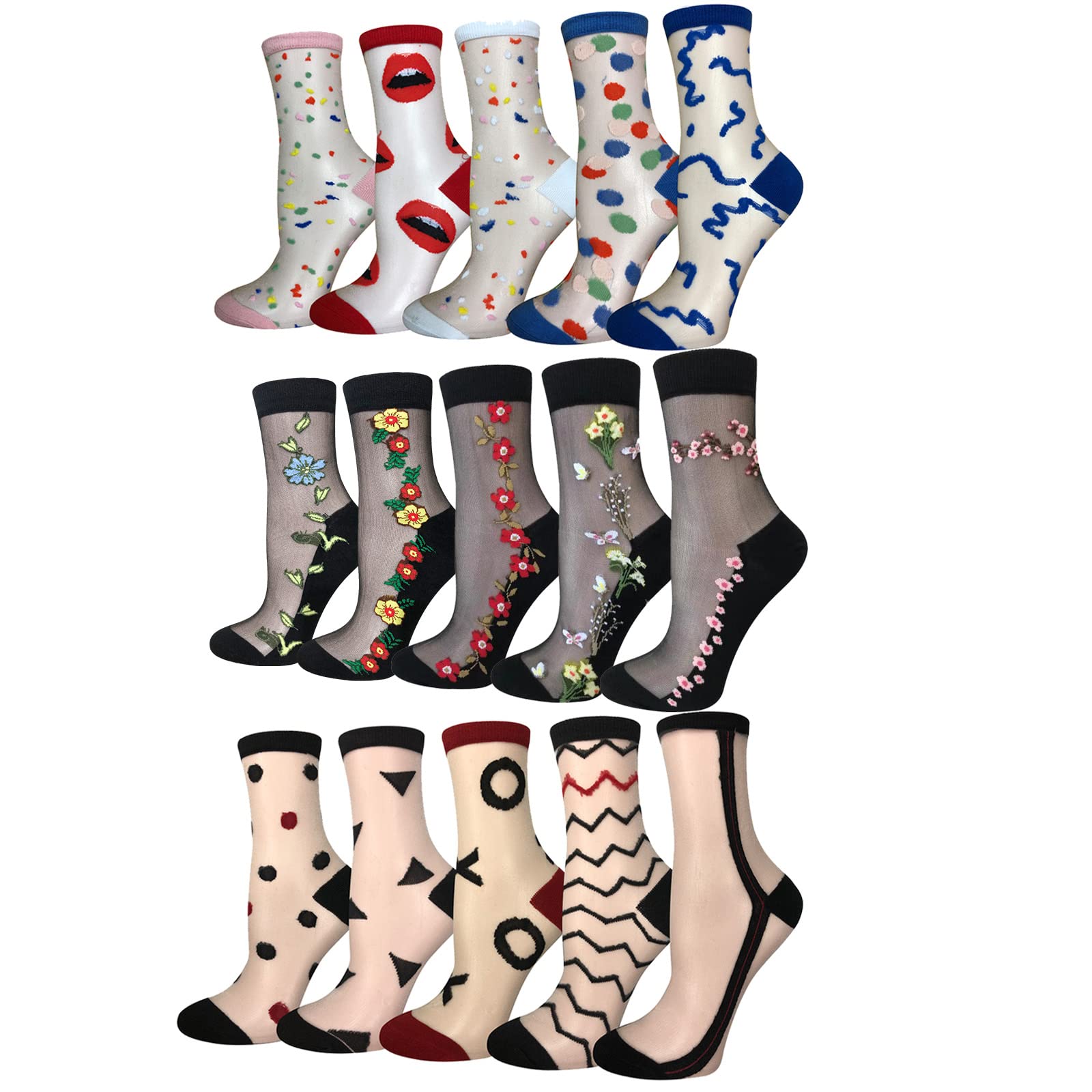 Cityelf15 Pairs Women Sheer Socks Thin Summer Socks Liners Lace Tulle Ankle Transparent Cute Cuff Socks (ONE SIZE FITS ALL, 15 pairs various patterns) …