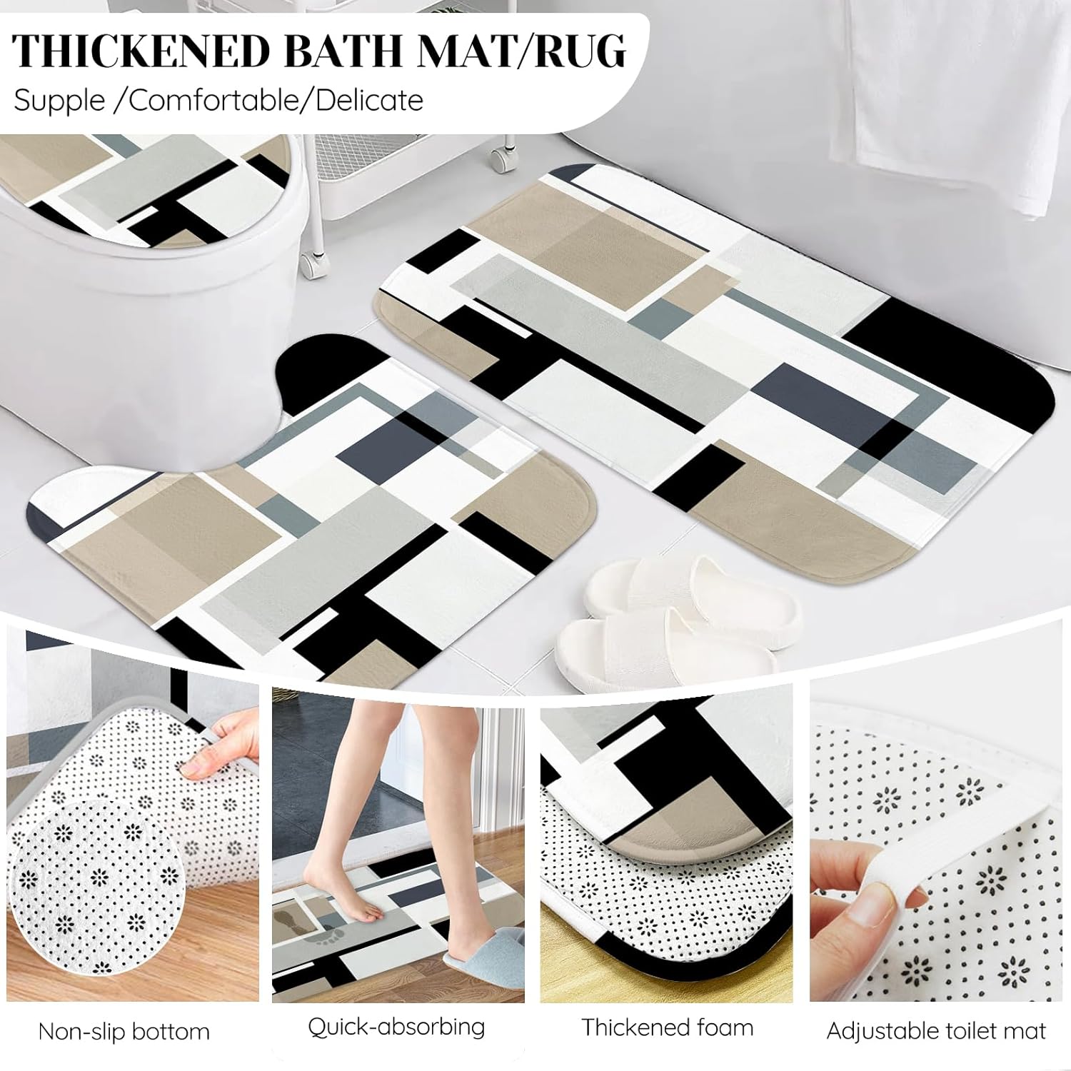 23-Piece Bathroom Sets, Beige Bathroom Accessories Set with Shower Curtain and Rugs, Beige Black Shower Curtain Set with Bath Rugs, Bathroom Trash Can, Soap Dispenser, Soap Dish for Modern Home Decor
