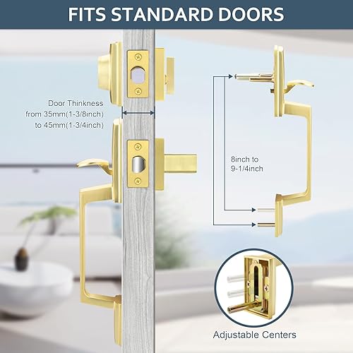 Miniatura 4 de EHOMEWARE Juego de manijas de puerta delantera doble de latón, palanca de puerta cuadrada resistente dorada y cerrojo de un solo cilindro combinado