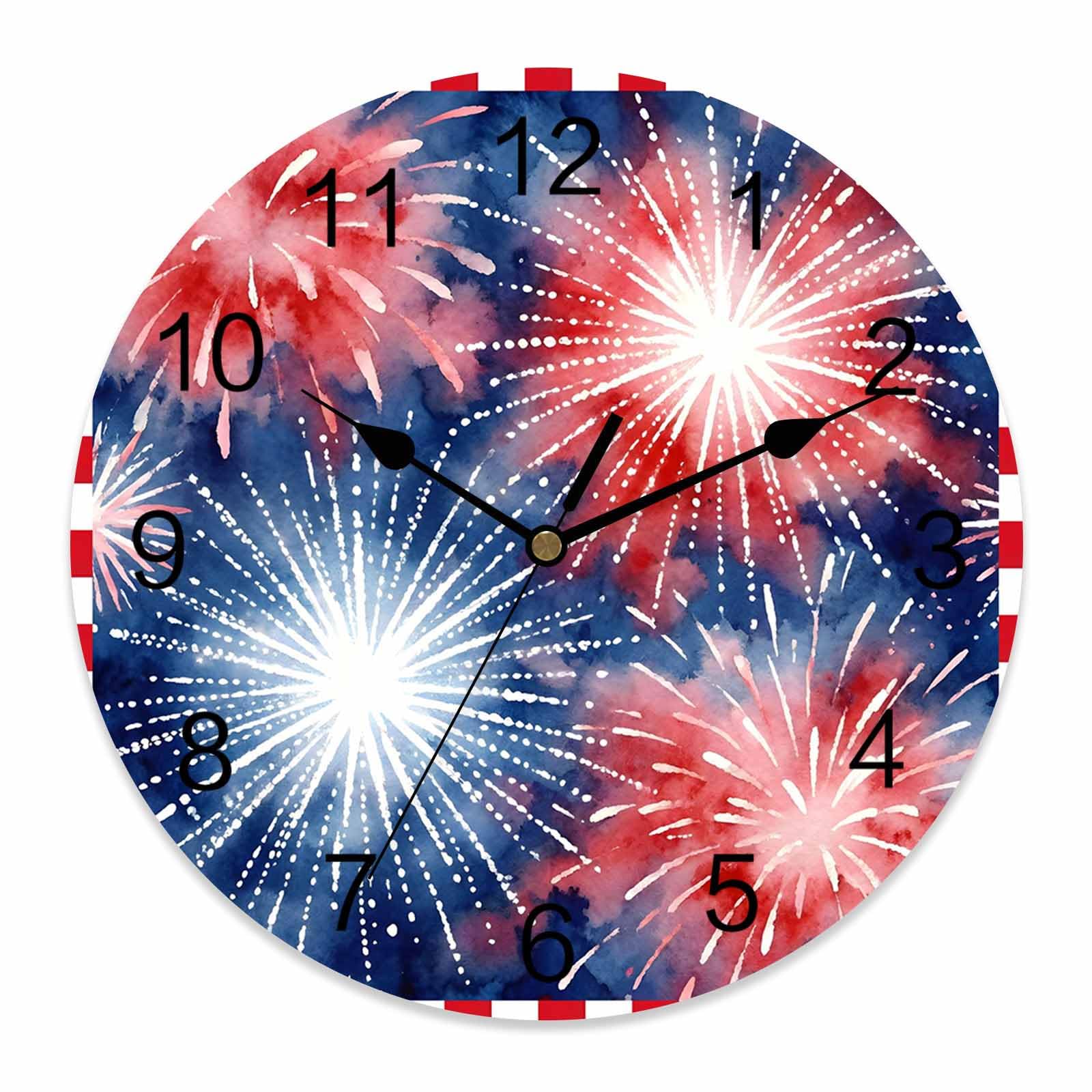 Ensound 4th of July Wall Clock Patriotic Bloom Fireworks Clocks Wooden Silent Non-Ticking Battery Operated Decorative Red White Blue Round Clock for Home Living Room Kitchen Bedroom Office 12 Inch