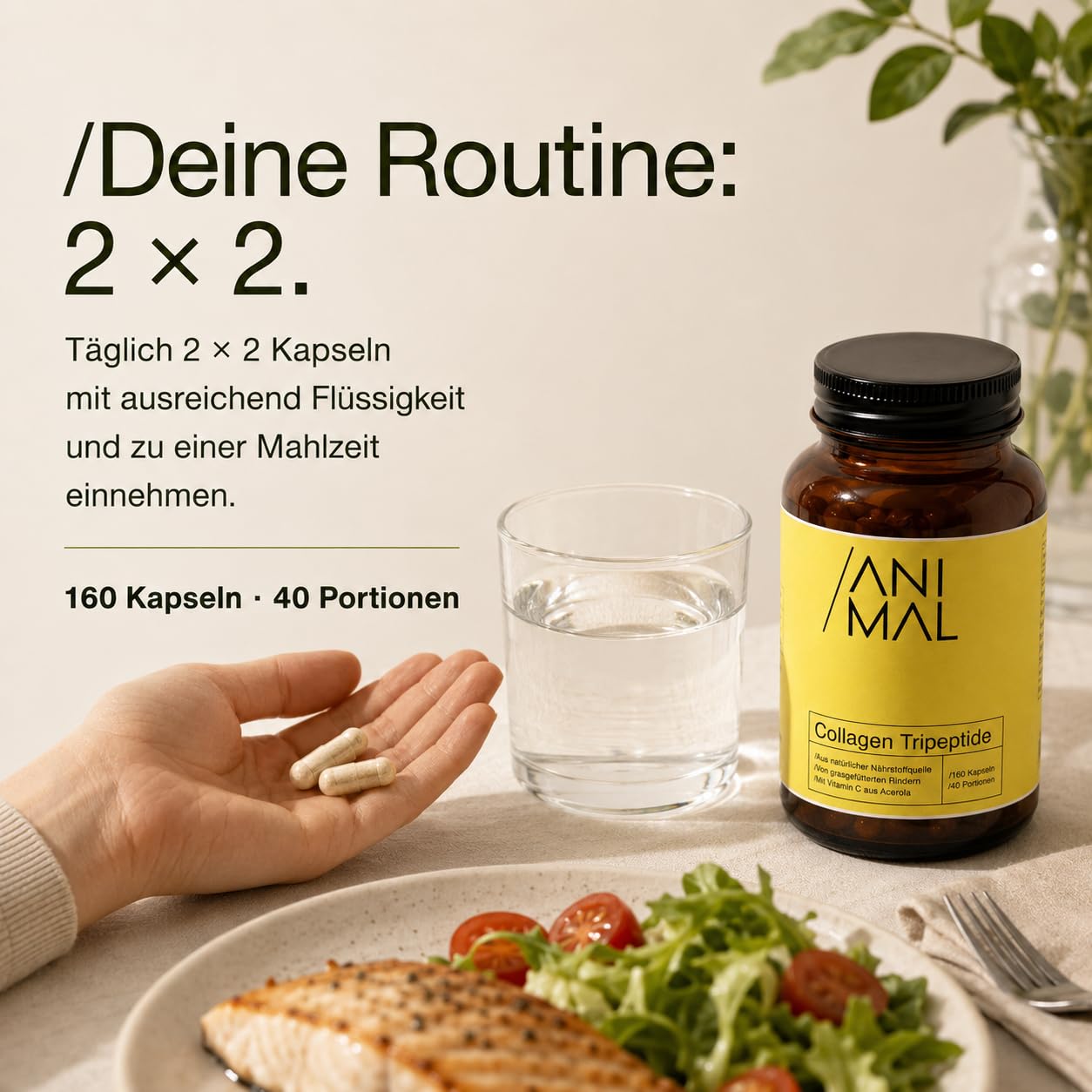 Kollagen Kapseln hochdosiert [160 Stk.] – Collagen Tripeptide nur 500 Dalton – Mit Vitamin C aus Acerola für eine normale Kollagenbildung – 2.000 mg Kollagen pro Tagesdosis – 40 Portionen