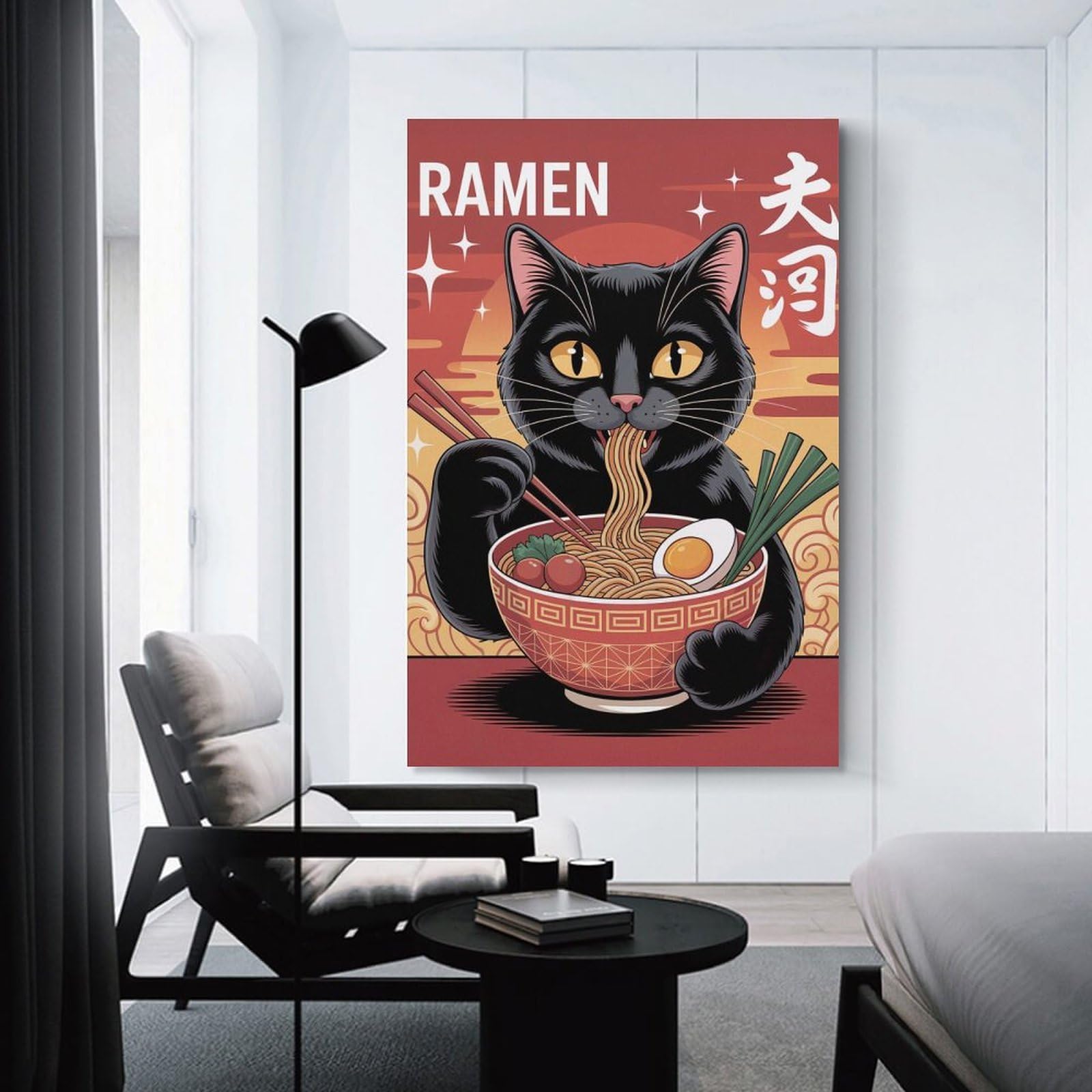 Junmoney Cat Eating Ramen Illustration Wall Art Print, 08x12inch(20x30cm), for Wall Displays, Bedrooms Or Room Updates, A Versatile Canvas Print for Layering