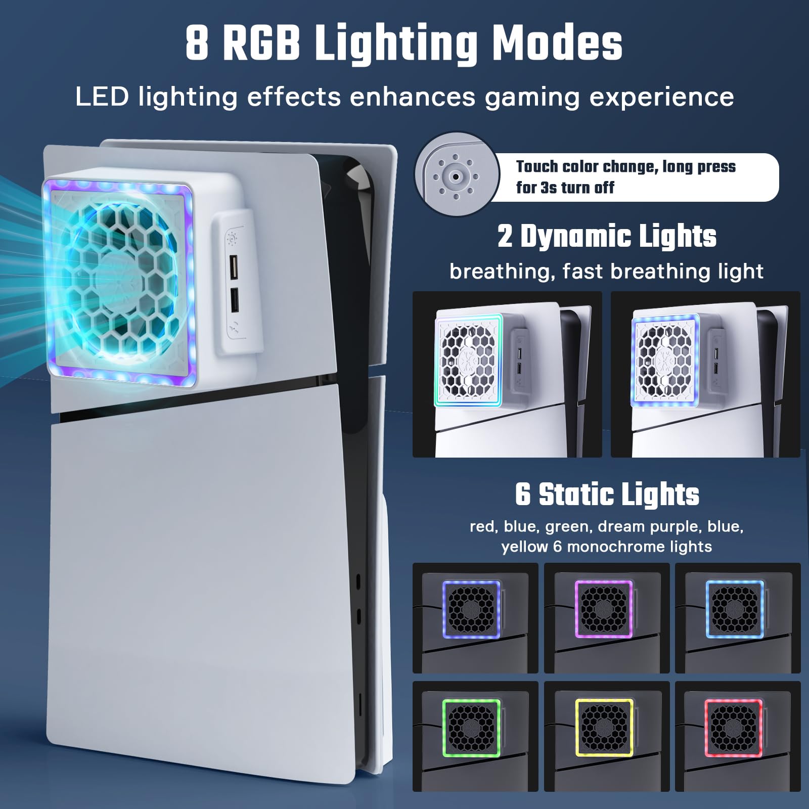 Ventilador de Refrigeración para PS5 Slim, Ventilador para PS5 Slim con 8 Modos RGB, Ajustable de 3 Velocidades, 2 Puertos USB, Estación de Refrigeración para PS5 Slim Disc & Digital Edition