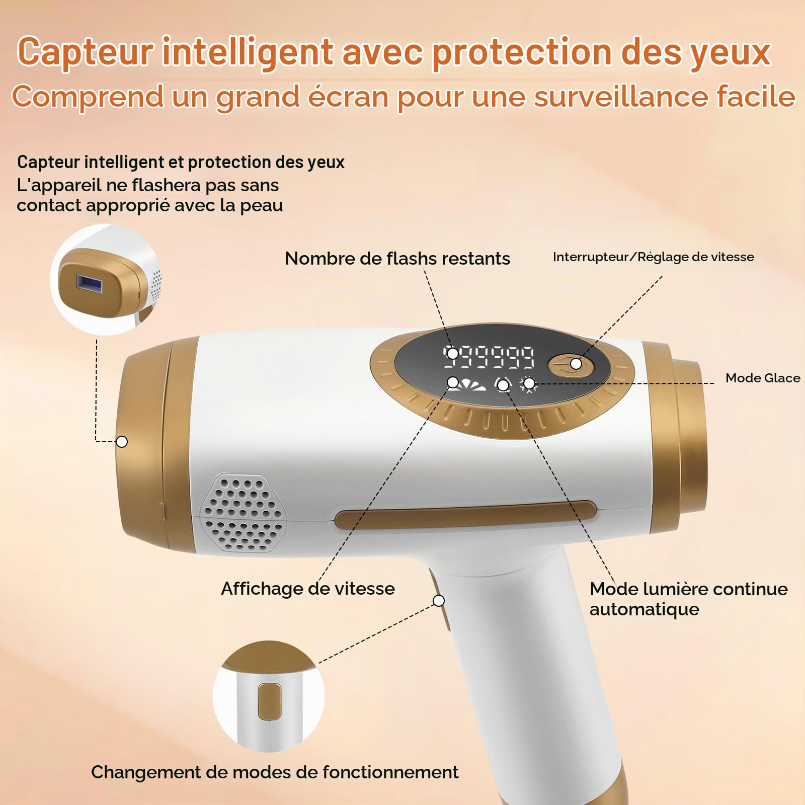 Epilateur electrique, 990 000 flashs, 5 niveaux d'énergie, 2 modes Automatique/Manuel, épilation laser, Impulsions lumineuses pour hommes et femmes, idéal pour le visage et le corps