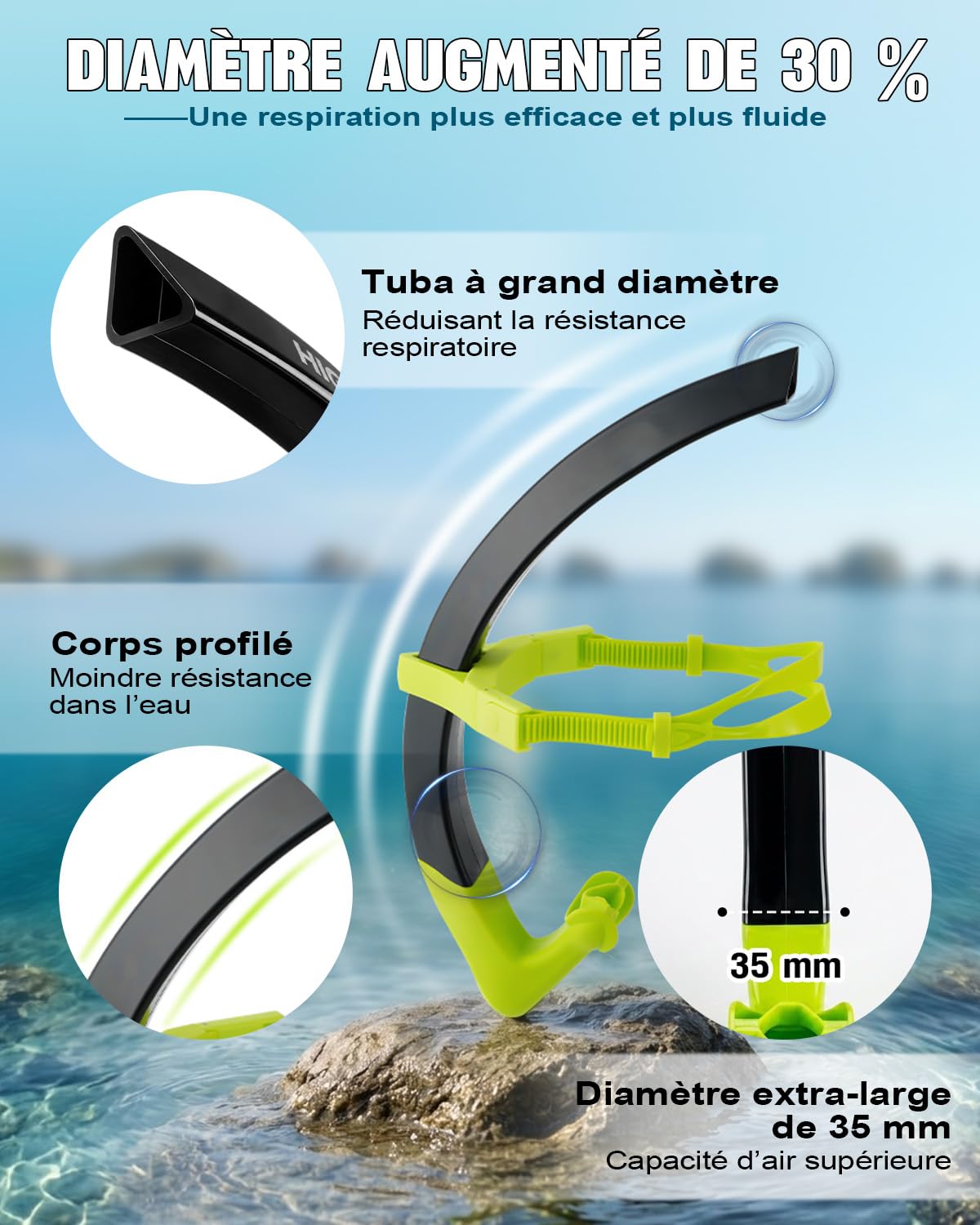 BOOSTEADY Tuba Frontal Natation Diamètre XL: Accessoires Piscine Tuba Plongée de Sangle Ajustable Homme/Femme, Swim Essentials avec Embout Silicone et Clapet Anti-Retour pour Entraînement Fluide