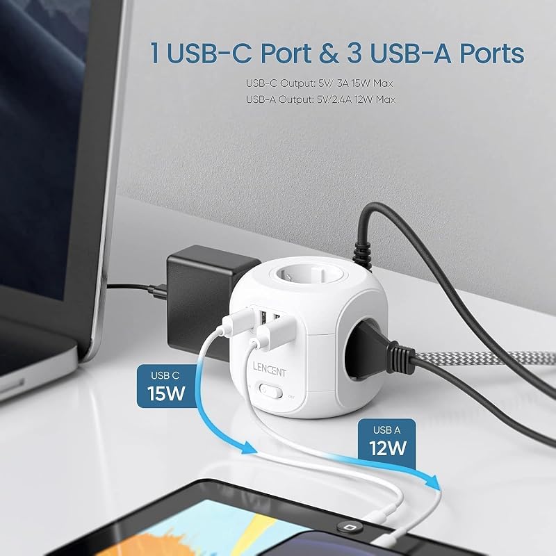 LENCENT 8az1-ben kocka elosztó 3 USB + Type-C porttal 2m vezetékkel - 2 m