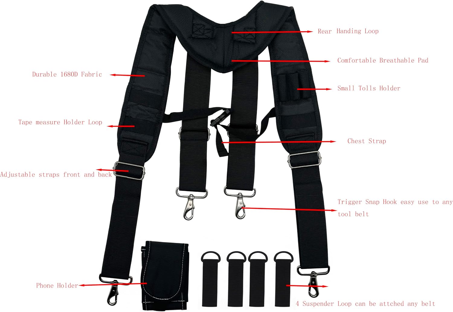 Tool Belt Suspender for Men 4 Point Padded with Attachment Loops, WristBand Pouch Pocket for Construction Worker