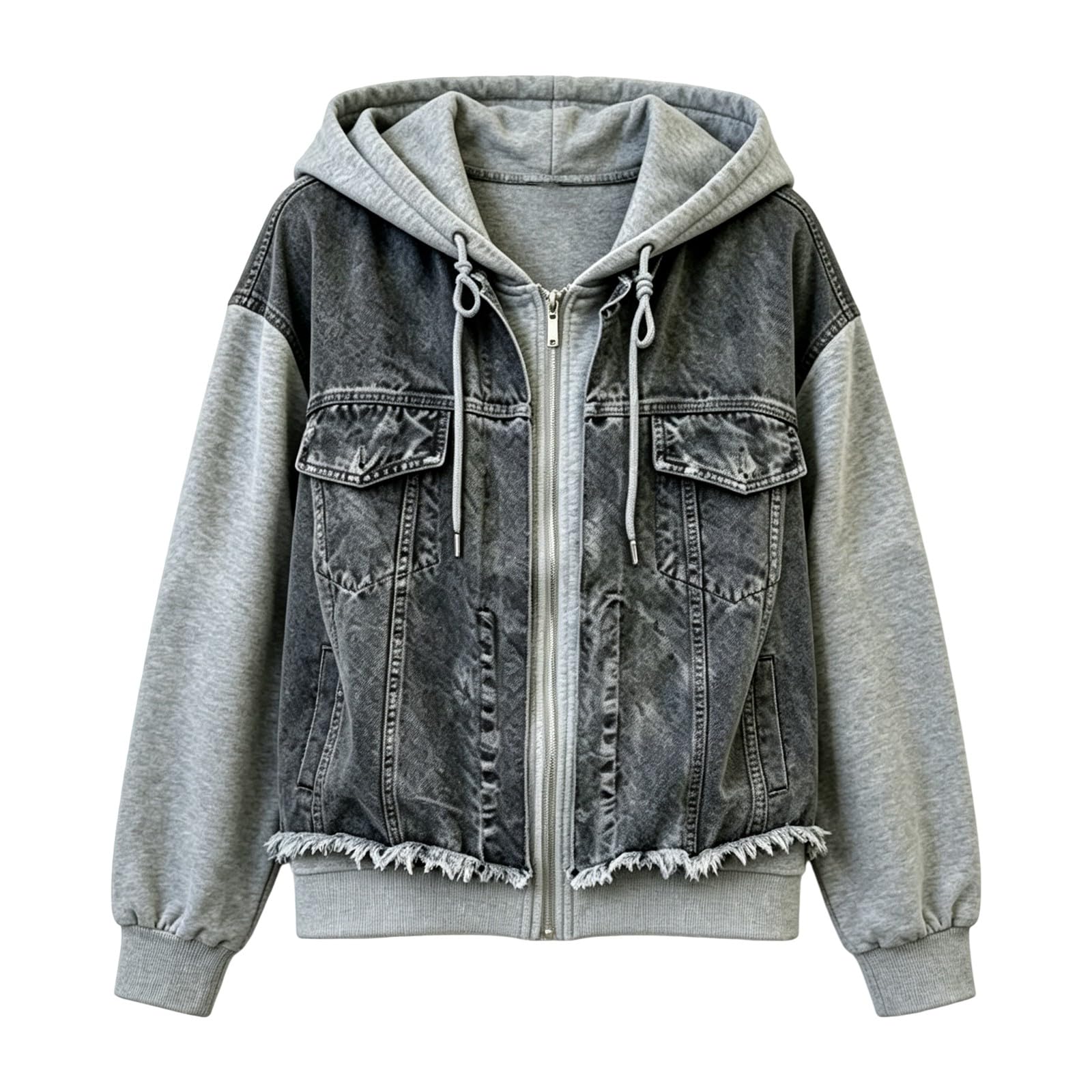 Giacca da donna in denim con cappuccio patchwork felpa con zip corta