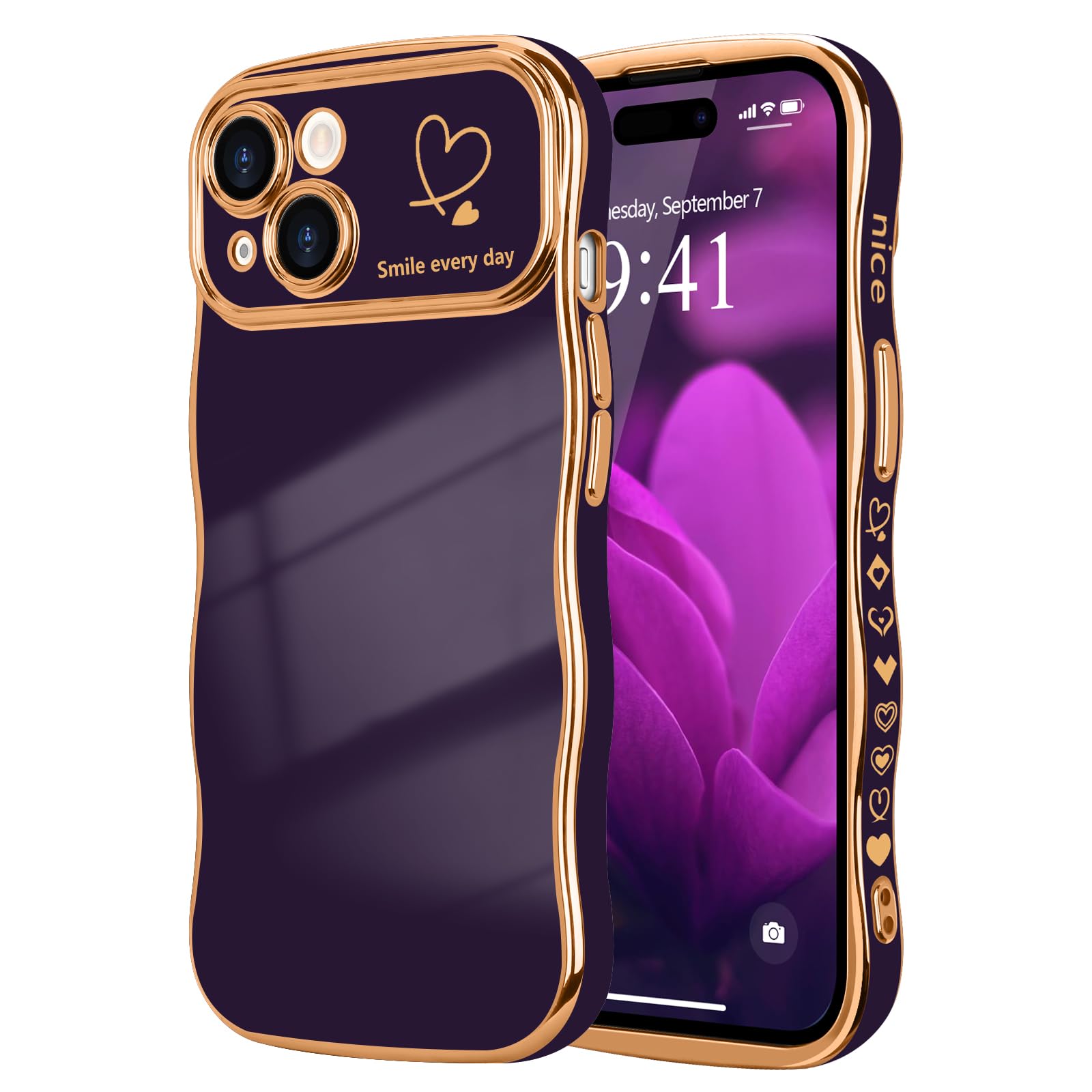 LCHULLE iPhone 15 Plus 用 ケース ウェーブ TPUカバー おしゃれ 滑り止め 韓国 可愛い 薄型 軽量 耐衝撃 女の子 人気 レンズを保護 ハート柄 ワイヤレス充電対応 ストラップホール付き アイフォン 15 Plus 用 スマホケース (ディープパープル)