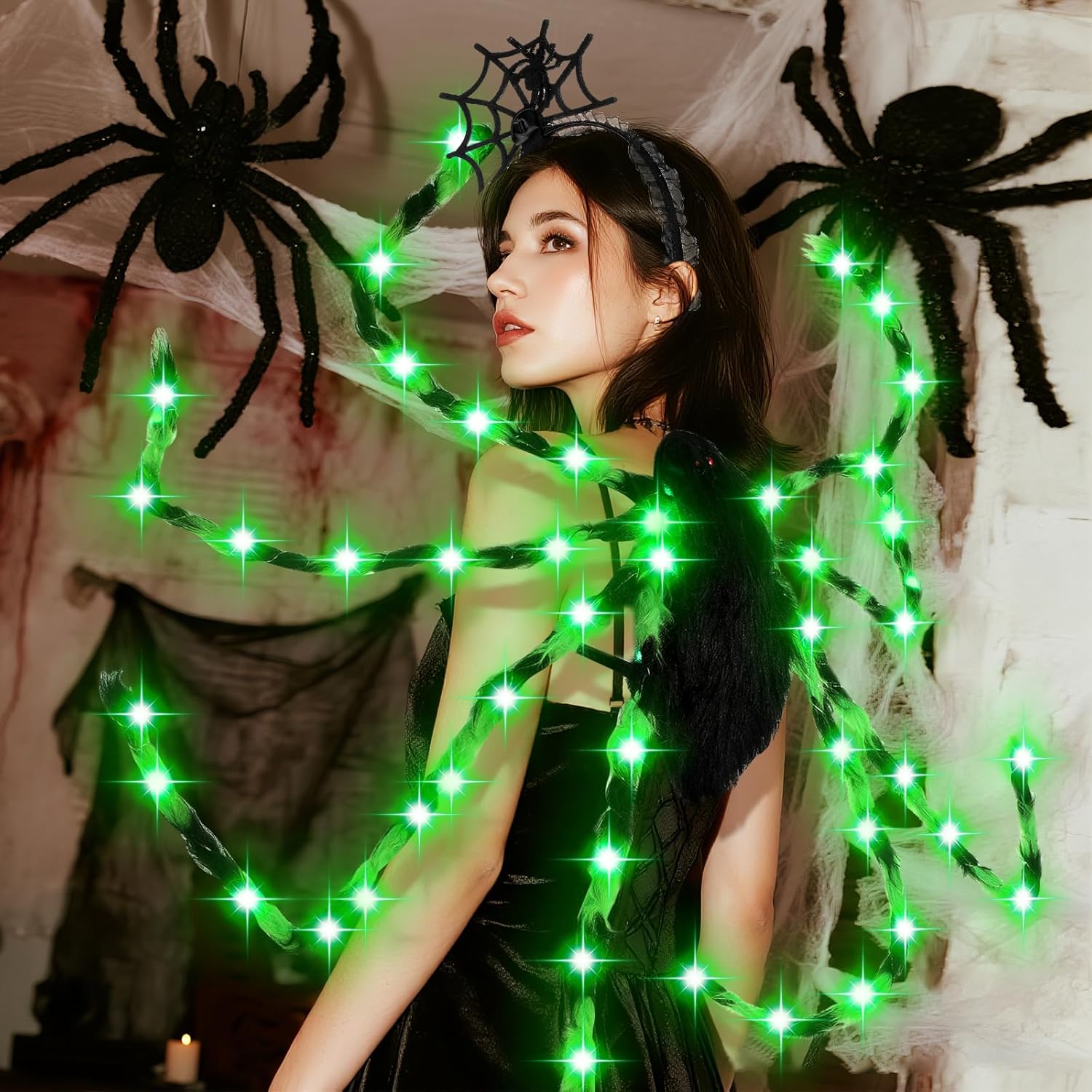 XunYee 2 Pcs Halloween Spider Costume for Adult LED 2025 Halloween Women Costume Large Plush Spider with Lights Hair Hoop - Image 6