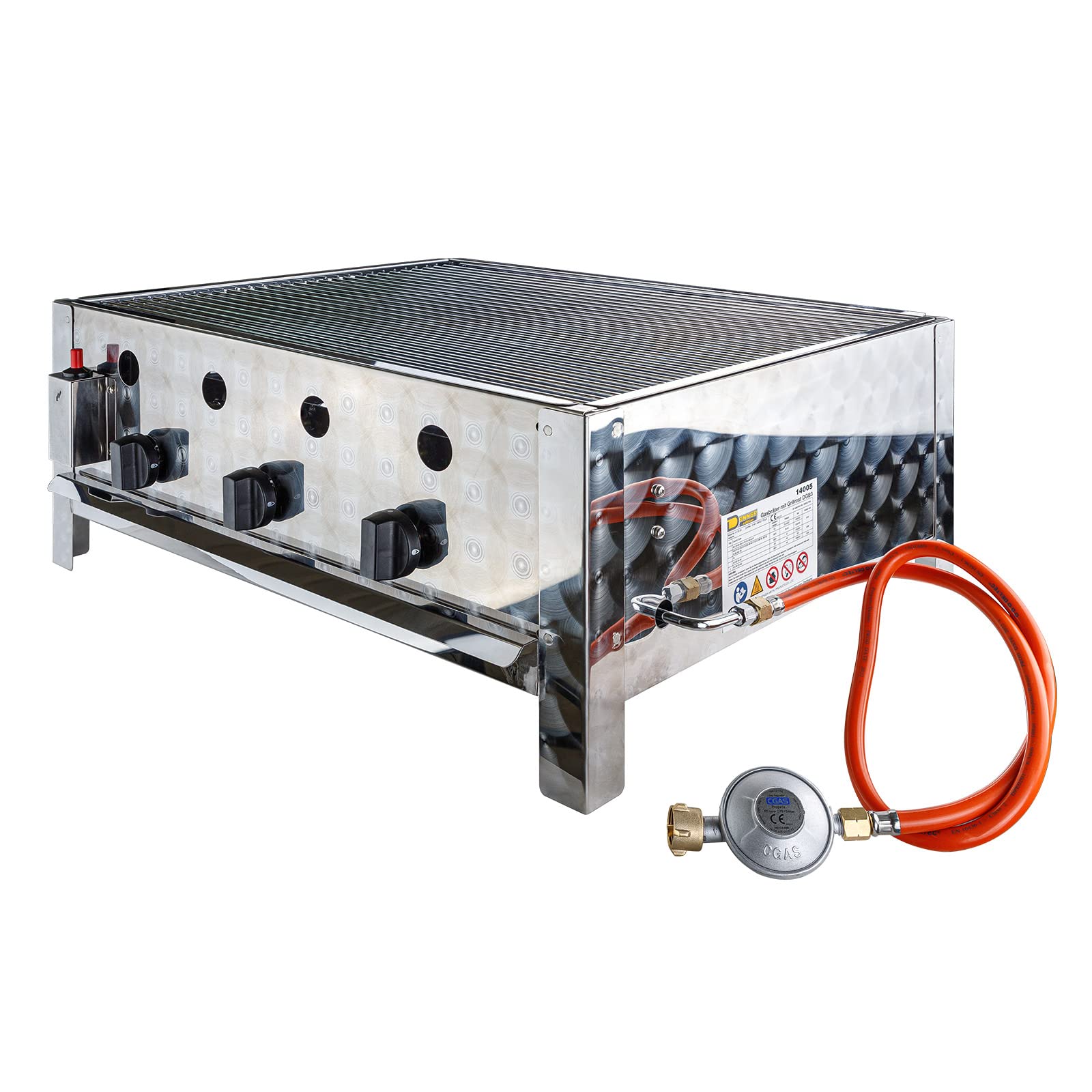 DEMA Gasbräter 3 Brenner 10kW Gasgrill Tischgrill Edelstahl | Piezozündung, Thermosicherung, Warmhalterost, Gastrogrill, Propangas, Fettwanne, Grillplatte Alternative