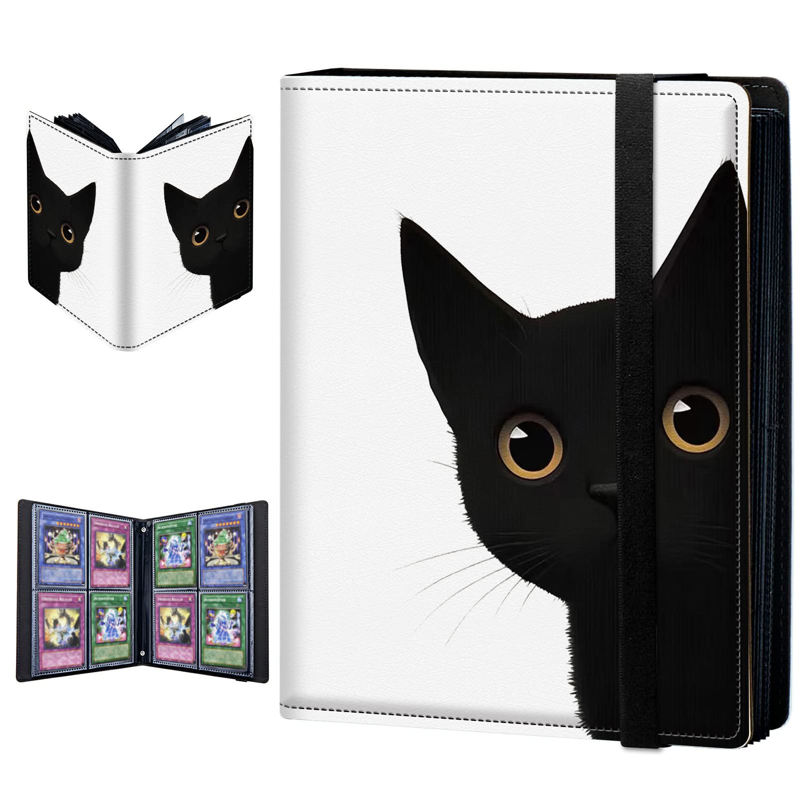 BPQOJB Trading Card Binder, 4 Pocket Album Display Holder, 400 Cards Double Sided Pockets Holder Sleeves Case for Standard Size Sports Cards, Cute Black Cat