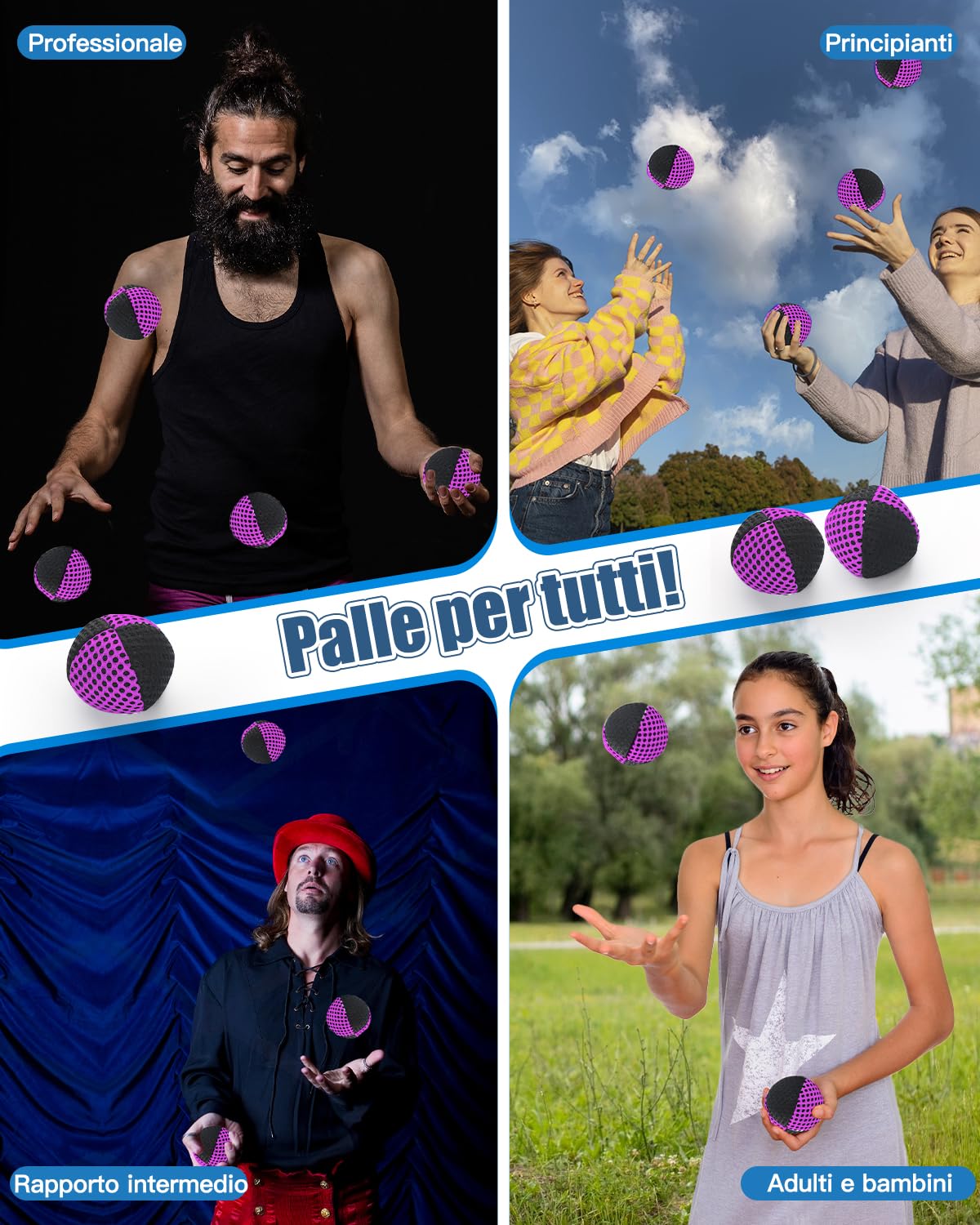 Palline da giocoliere per principianti e professionisti, 2 strati di rete e borsa per il trasporto, set da 3 palline da giocoleria da 62 mm, per bambini, viola/nero