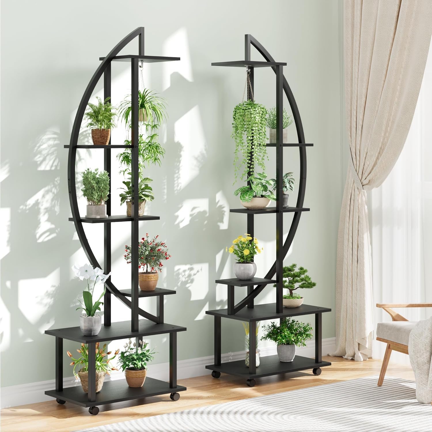Lot de 2 175Cm Grand Support pour Plantes 6 Niveaux,Grande Étagère à Plantes Demi-Lune intérieur/extérieur,Etagère de Présentation sur Roulettes Amovibles & Crochets pour jardin,balcon,parlor