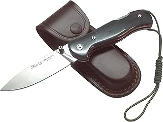 MIGUEL NIETO Navaja Centauro R-09-GF, con hoja en acero inoxidable Böhler N695co de 8 cm. y empuñadura en Madera de Granadillo, Hueco con cordón fiador incluido, Con Funda de Cuero color marrón