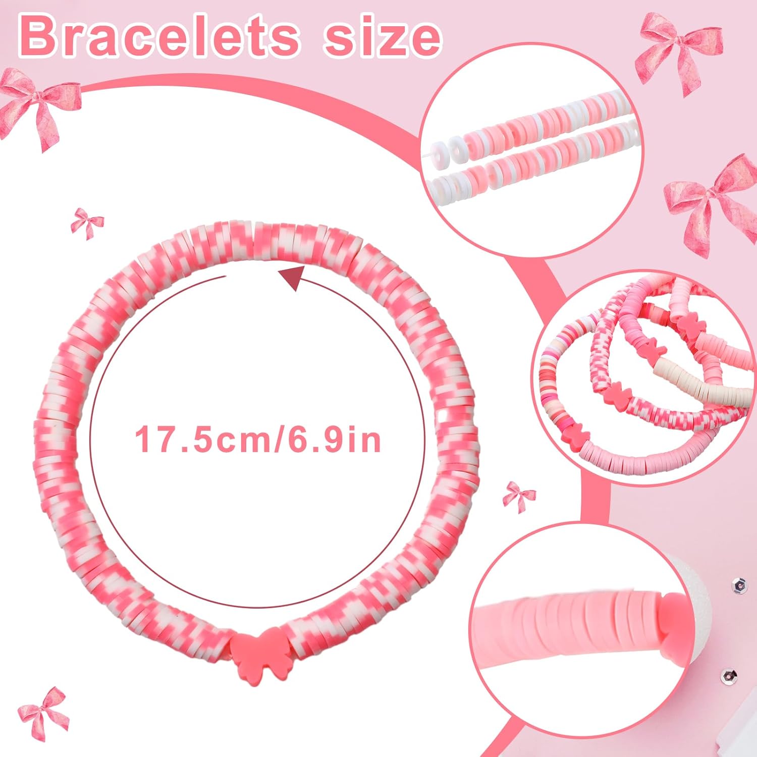 24 Pcs Pink Bow Friendship Bracelets Coquette Preppy Adjustable Clay Bead Bracelets Bulk Pink Bow Gifts for Coquette Birthday Friendship Graduation Party Women Preppy Stuff - Image 4