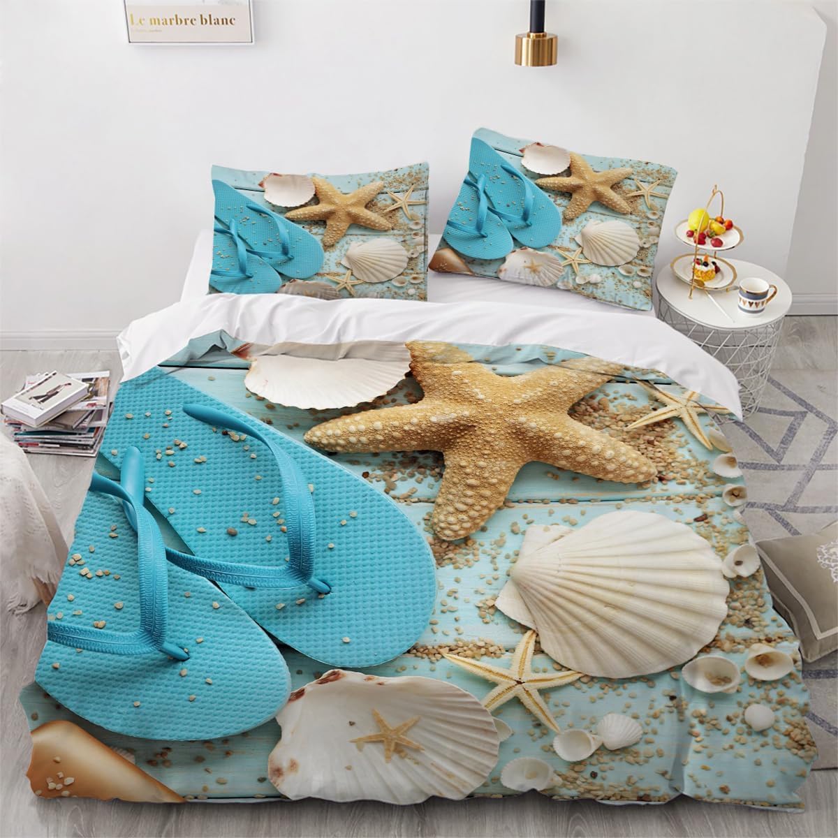 Housse de couette 240x260 coquillages avec impression 3D | Parure de lit microfibre grand confort