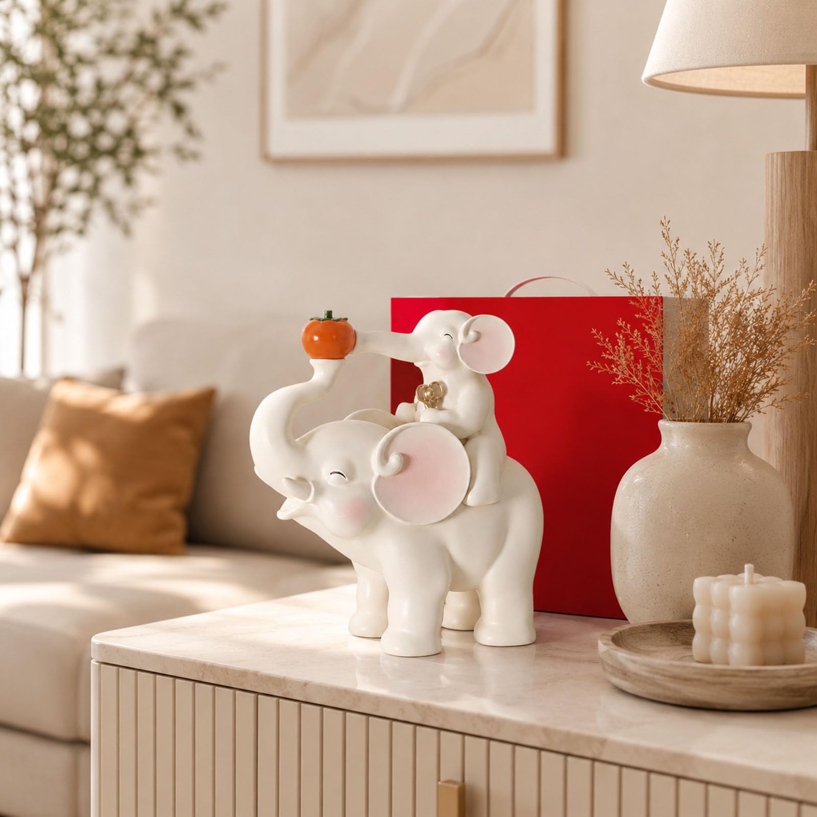 Elefantenfigur Mutter und Kind aus Kunstharz Beige Wohnzimmerdeko | Liebevolle Tierstatue Elefantenpaar Skulptur mit Geschenkbox Regal Sideboard Büro Schlafzimmer Einzug Geburtstag Sammler Haus