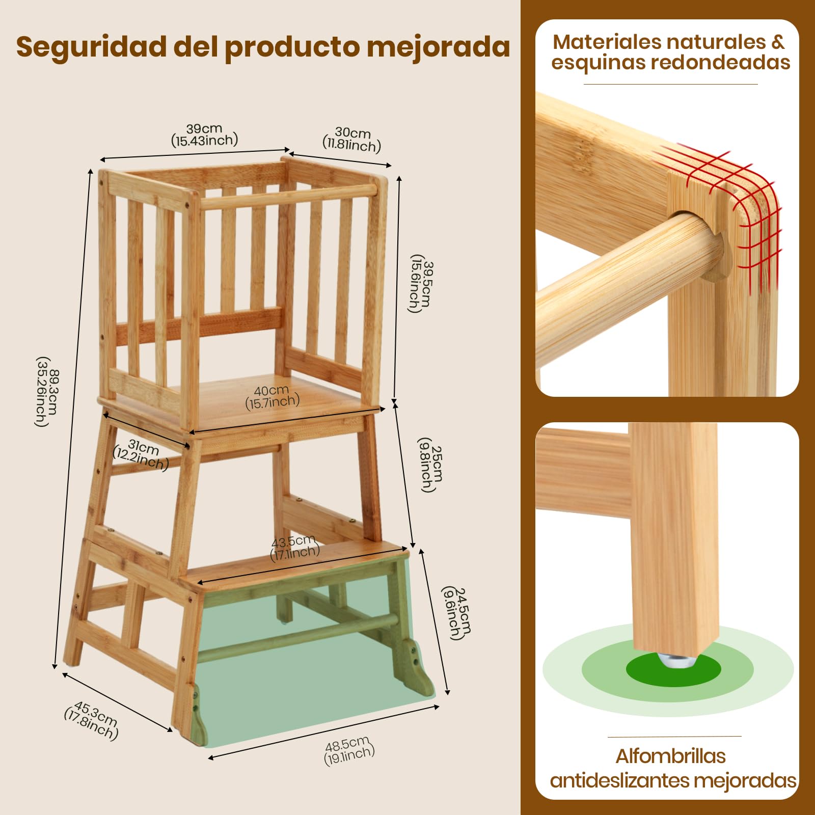 COSYLAND Torre de Aprendizaje Desde 18 Meses - Torre Aprendizaje para Niños - Protección Antivuelco y Barra de Seguridad - para Baño, Habitación Infantil y Cocina - Color Bambú