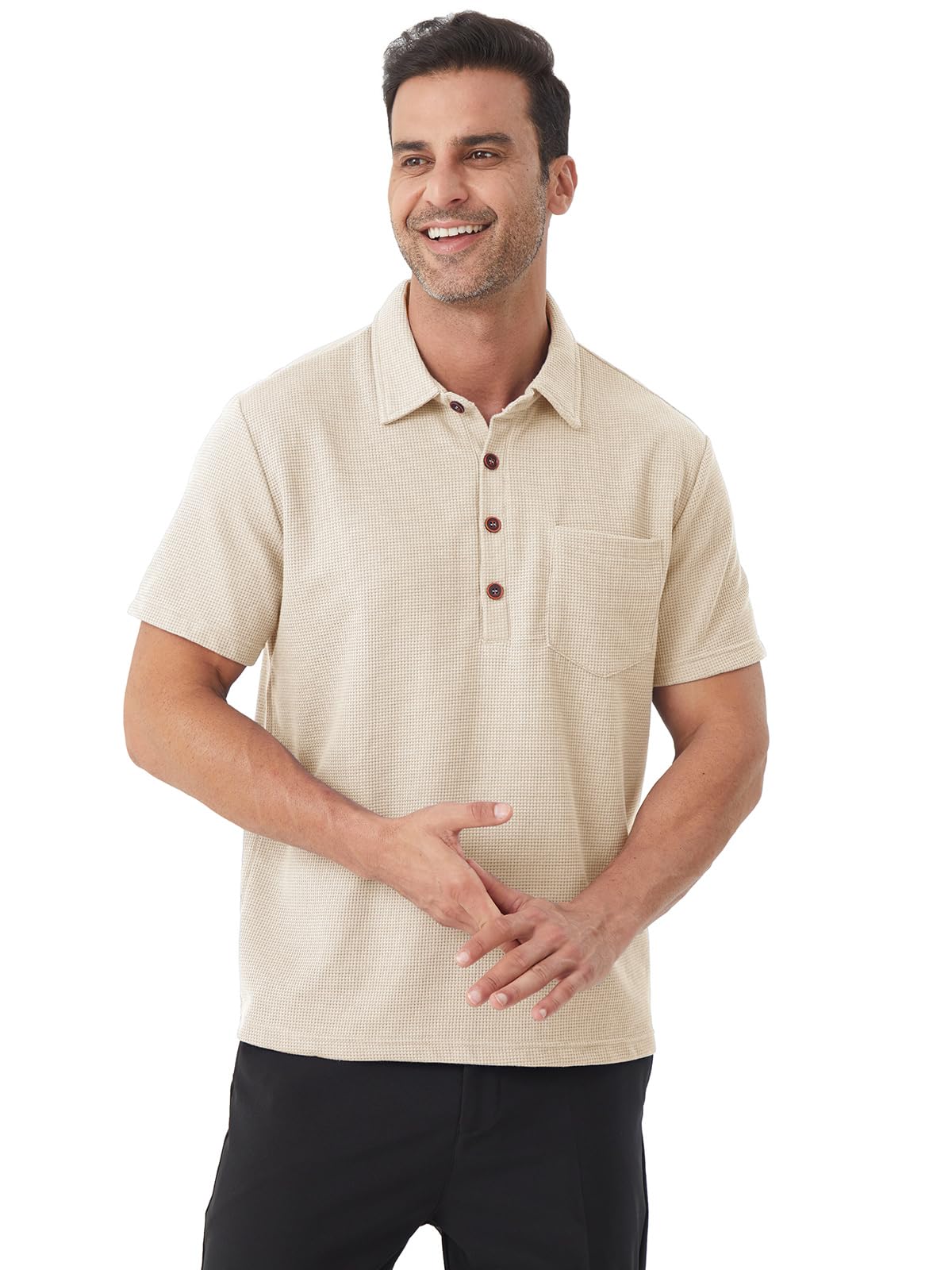 Polo Gaufre Coton Piqué T-Shirt Golf Tennis Polo à Manches Courtes avec Poche D'été