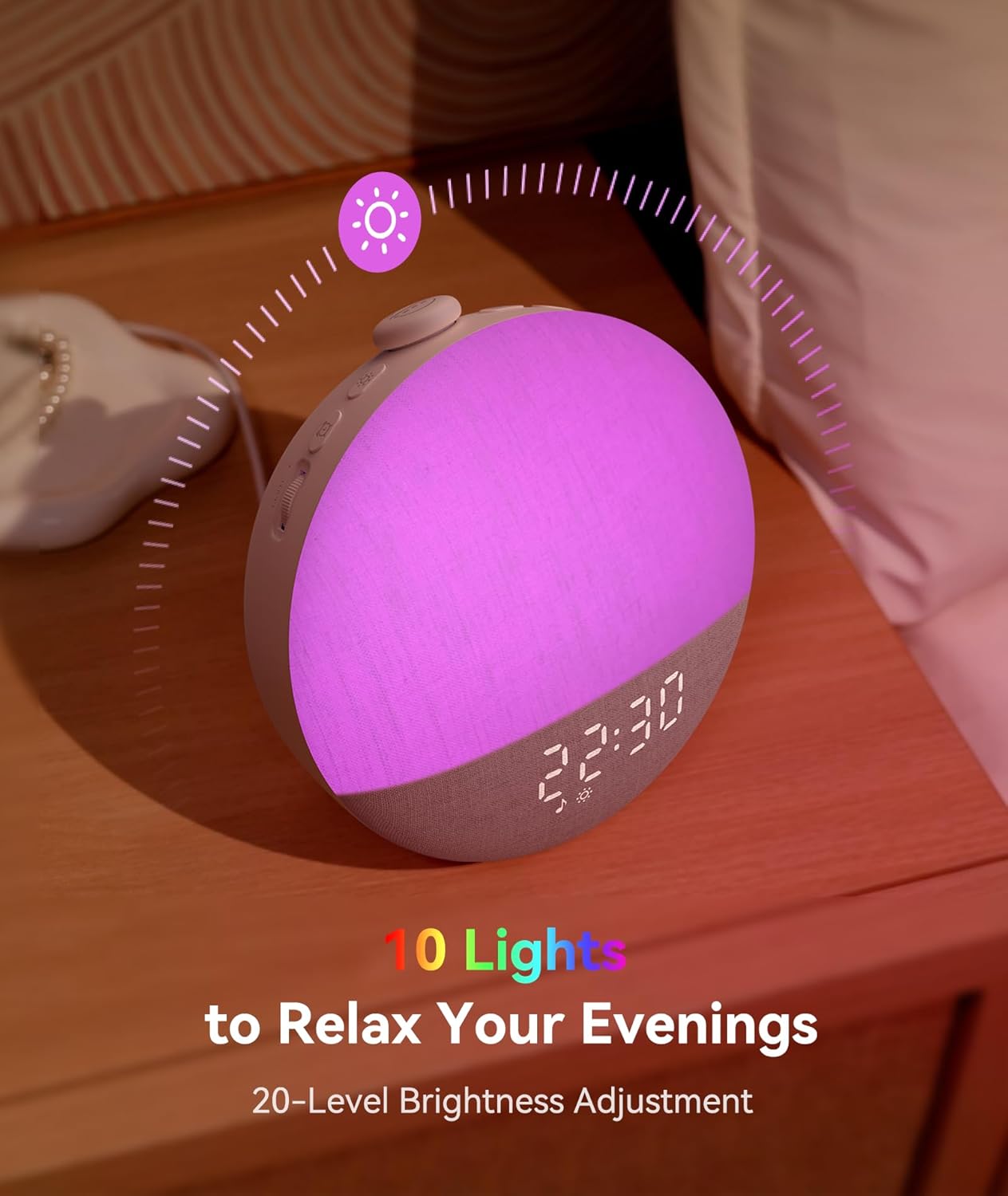 Dreamegg Sunrise 2 on a nightstand, emitting a vibrant purple light, displaying 22:30. Text indicates '10 Lights to Relax Your Evenings' and '20-Level Brightness Adjustment'.