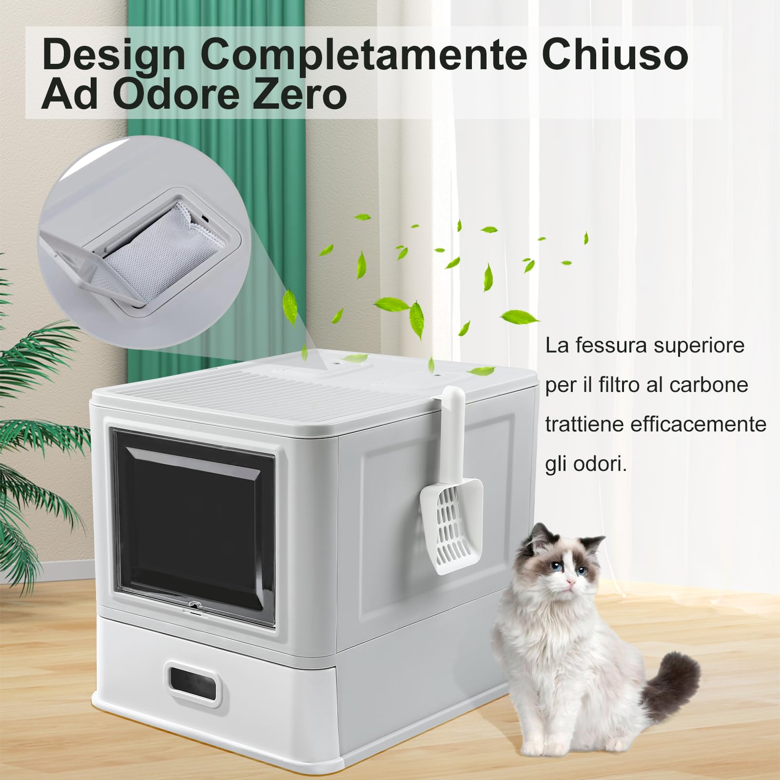 Marchul Cassetta Igienica per Gatti Chiusa in Acciaio Inossidabile con Coperchio e Design a Cassetto, XL, con Paratie Anti-Perdite, Paletta e Tappetino, Antiodore