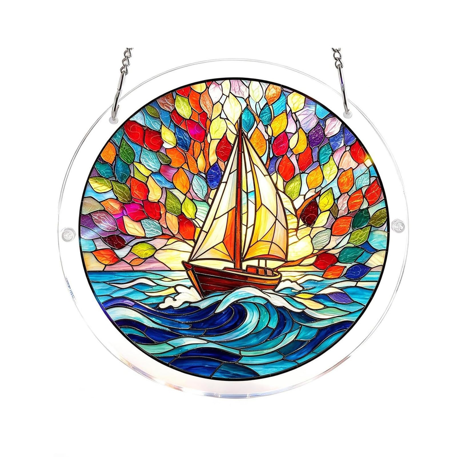 Introti Aesthetic Acrylic Suncatcher Puzzle Window Sun Catchers Stained Glass Window Hanging Home Garden Art Gift for Housewarming (Sailboat)