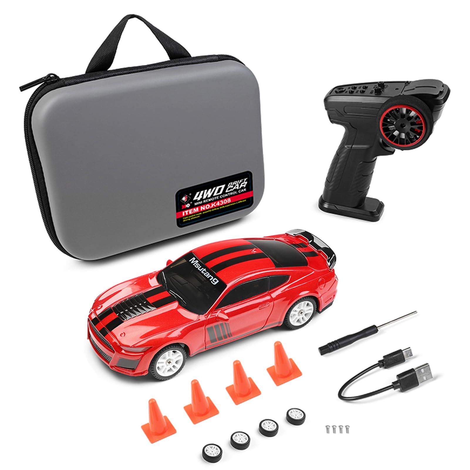 Hylukon WLtoys 1:43 Scale Mini RC Drift Car, 4WD Remote Control Car with Gyro Stabilizer, LED Lights, Independent Suspension, 2 Tire Types for Racing Drifting (Red)