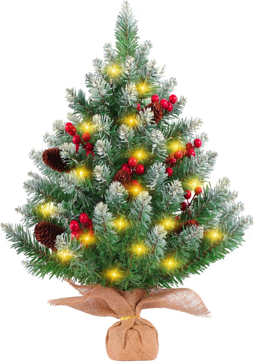 24 Inch Table Top Mini Christmas Tree with 50 LED Lights, Pinecones, Berries - Prelit Artificial Green Tree for Home, Office, DIY Xmas Decorations