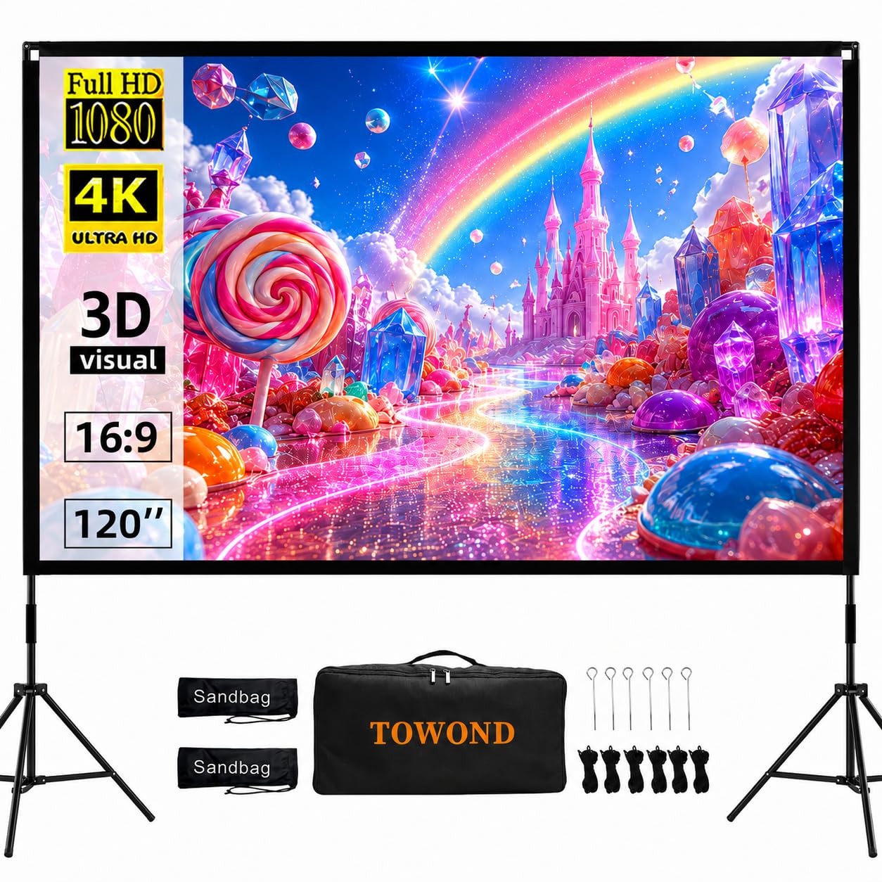 Towond Écran de projection portable 120" pour intérieur et extérieur 16:9 4K HD avant et arrière avec sac de transport - Design pliable pour soirée cinéma dans le jardin
