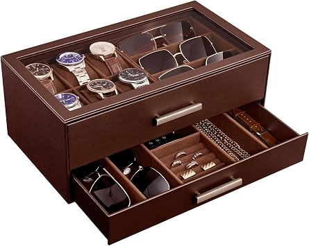 ProCase Watch Case, Mens Jewelry Box for 6 Watch & 5 Sunglasses -Brown | Pull-Out Drawer 2-Tier Leather Watch Organizer with Glass Display Top, fit Watches Size Up to 50 mm, Gift for Men & Women