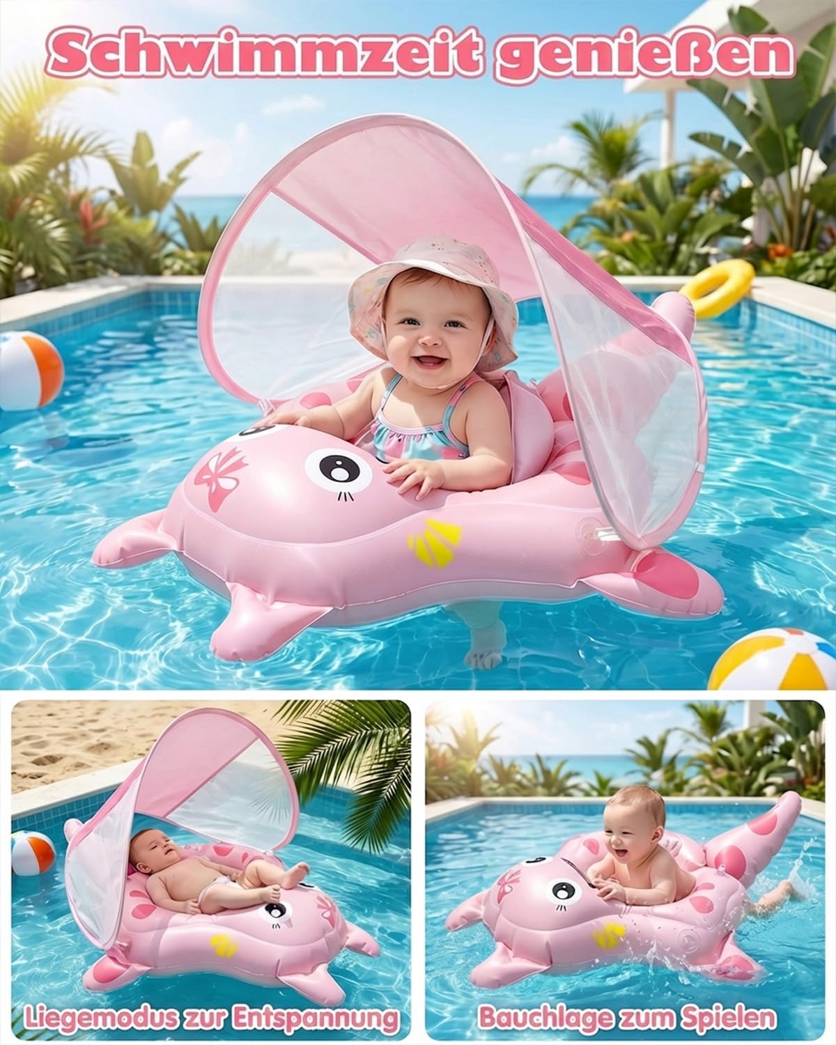 Baby Schwimmring mit UPF50+ Sonnendach Entfernbar, Rosa Premium Baby Float, Schwimmhilfe verstellbare Schultergurte, Schwimmtrainer, mit aufblasbarer Swimming Float für ab 6-36 Monate(7-16kg)