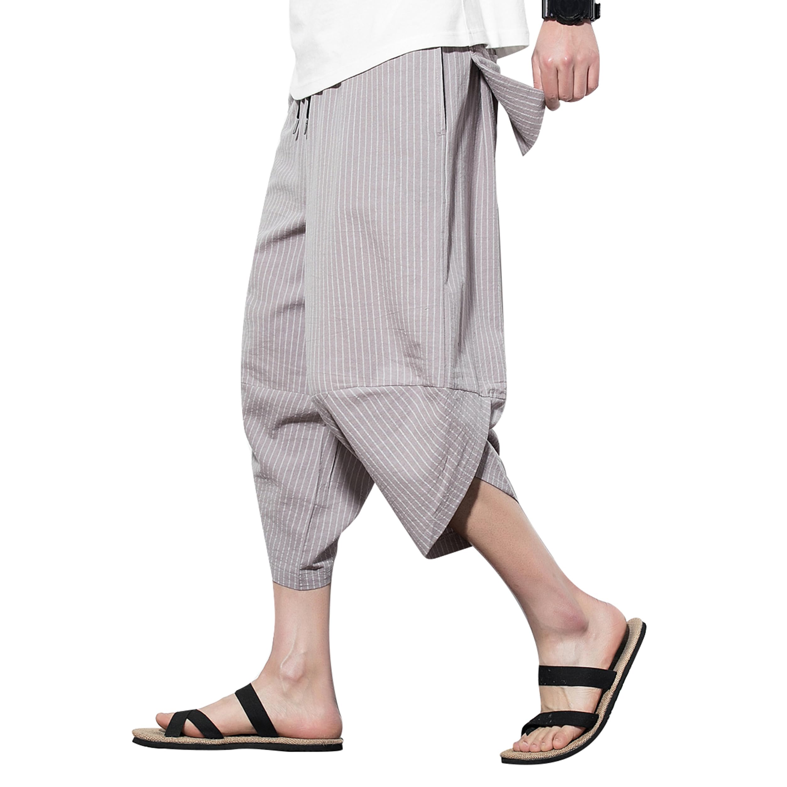 Prijouhe Men's B-Gray Harem Capri Pants, Wide Leg Capris, Summer Linen Pants - 3X-Large