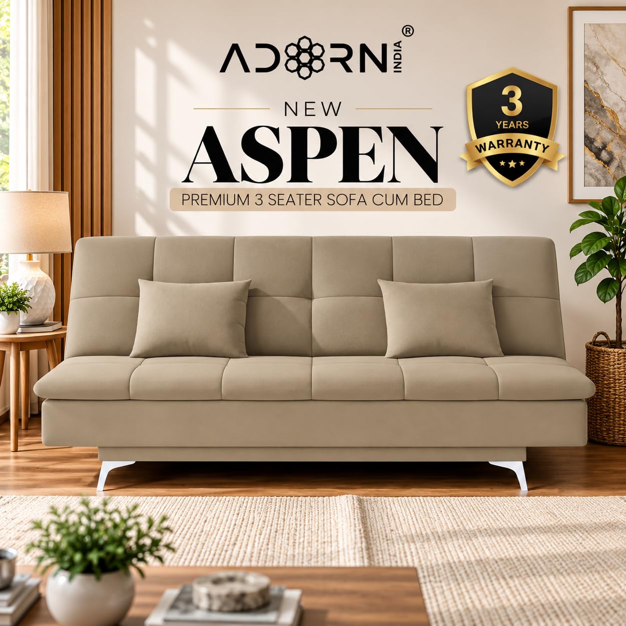 Adorn India Premium New Aspen 3 Seater Sofa Cum Bed 4×6 | Velvet Suede Fabric | Convertible Sofa Bed for Living Room | 2 Cushions | Color Beige | 3 Years Warranty
