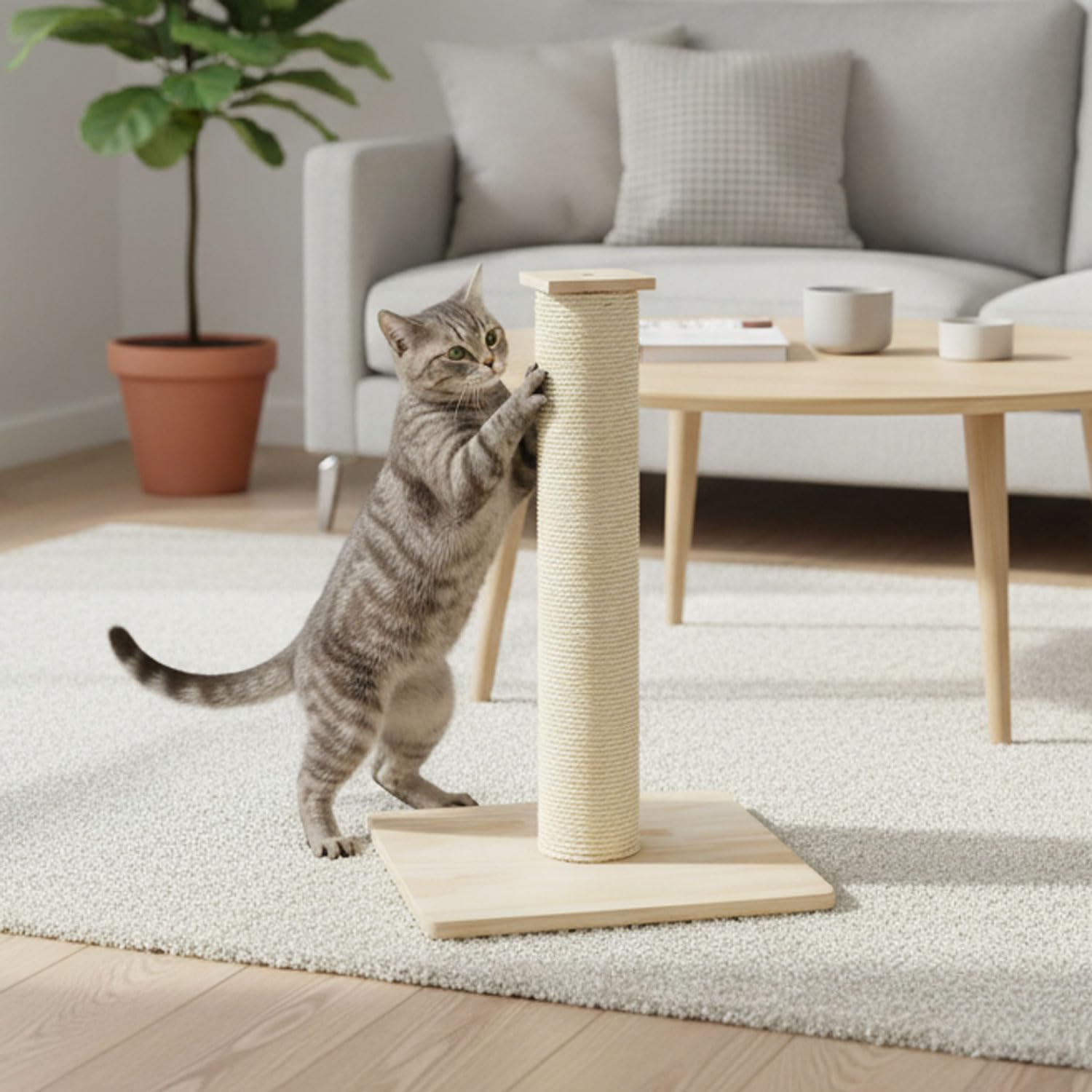 eyepower 62 cm Kratzbaum Luca - 9,2 cm Kratzsäule für Katzen mit Bambus Holzplatte - Katzenkratzbaum Klein mit M10 Sisalstamm Beige - Kratzstamm Katze Stabil Sisal Katzenbaum mit Massivholz Fußplatte