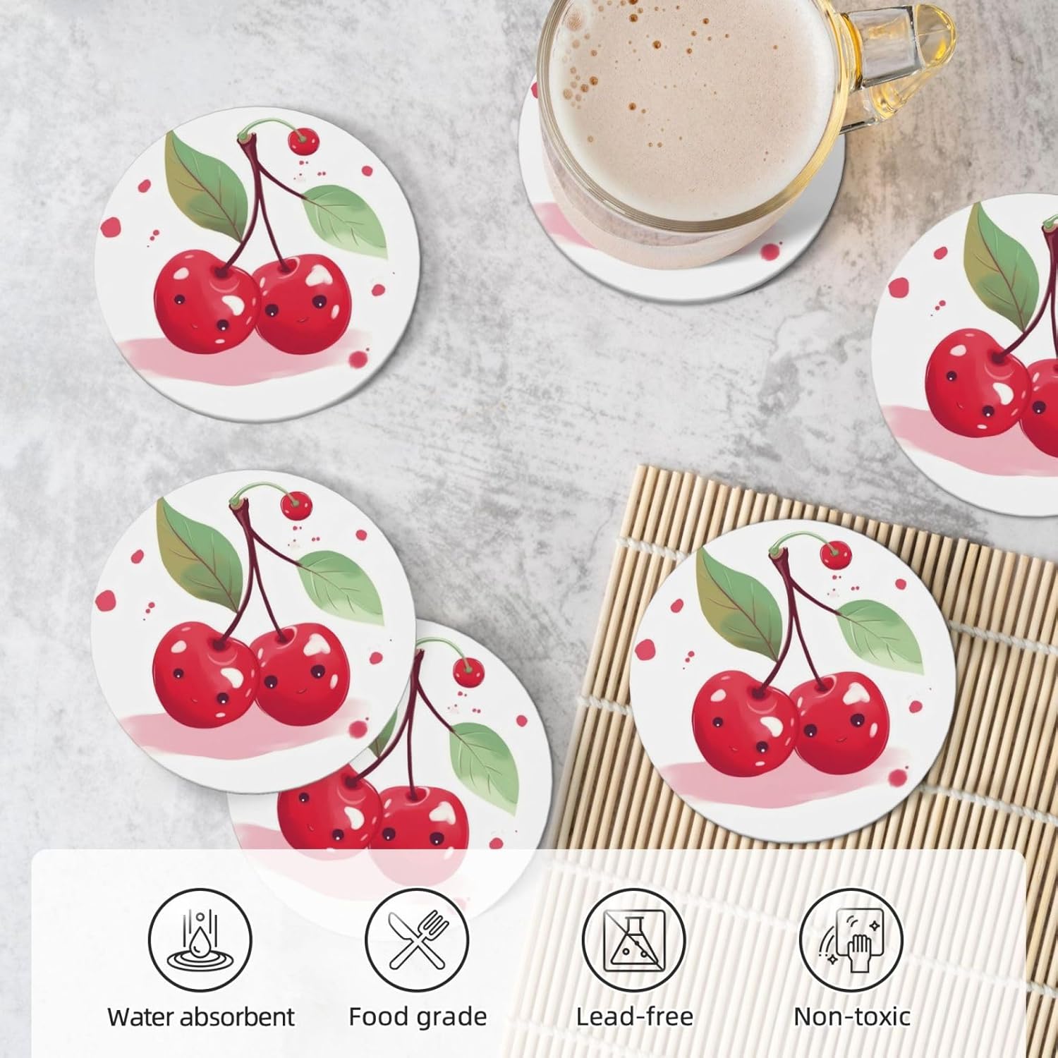 ドリンクコースター6枚セット セラミックコースター ホルダー付き かわいいチェリーラウンドコースター ドリンク用 卓上保護 カップマ
