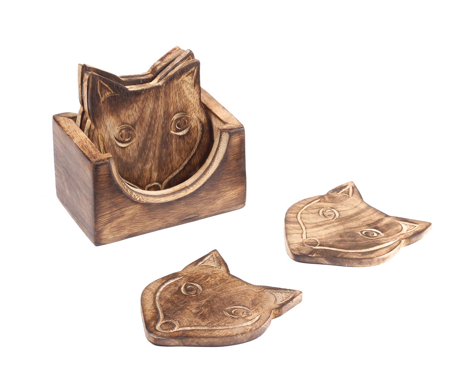 Set of 4 Wooden Coasters for Tea & Coffee Cups Mugs, Beverages, Glass Drink Mats Wooden Coaster Home Decor (Fox Design1)