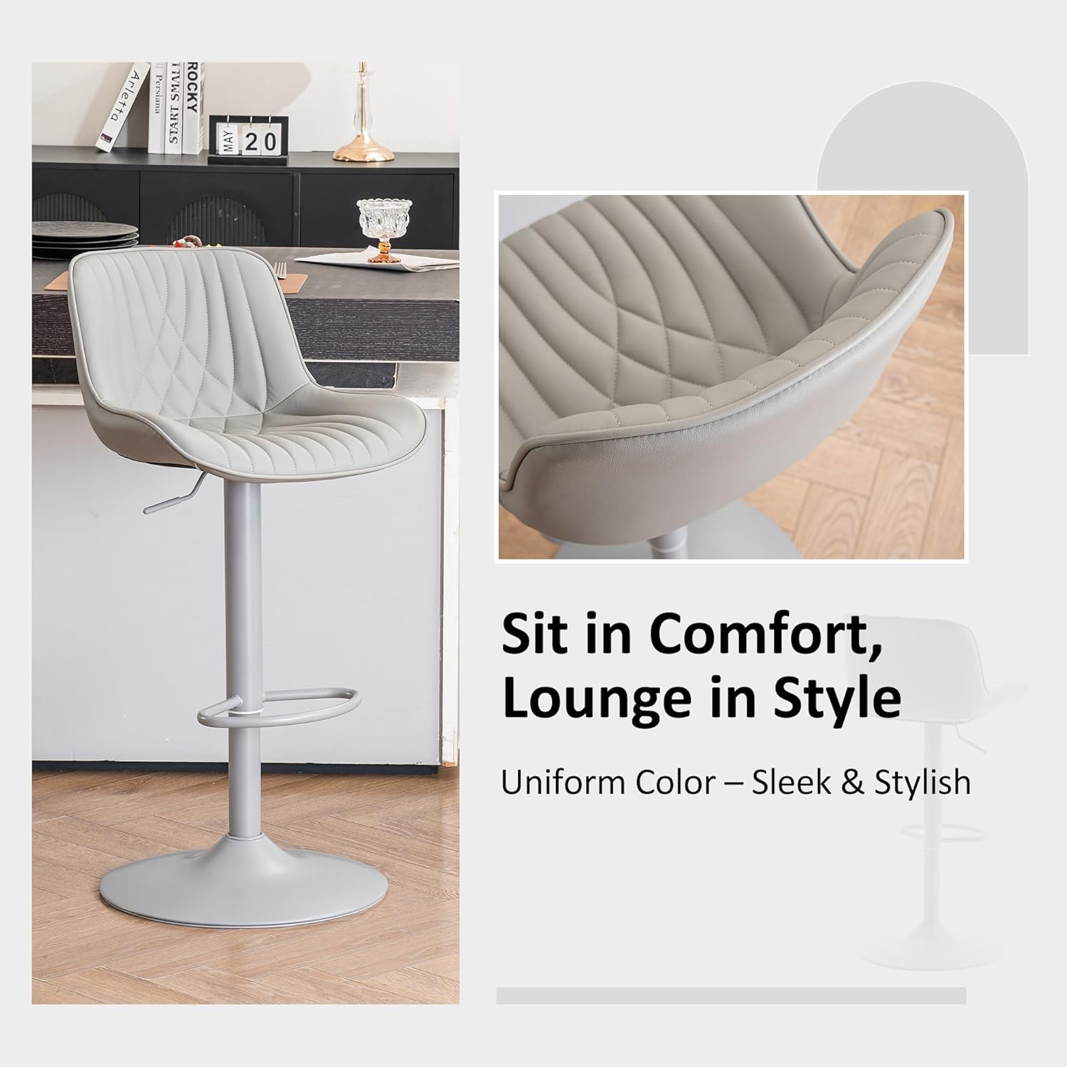 YOUTASTE Faux Leather Bar Stools Set of 2, All Grey Upholstered Counter Height Barstools with Back, Adjustable Swivel Stool Chair with Grey Metal Base for Home Kitchen Island
