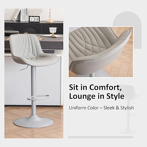 Miniatura 7 de YOUTASTE Juego de 2 taburetes de bar grises modernos tapizados de piel sintética, taburetes de bar ajustables giratorios con respaldo de metal,